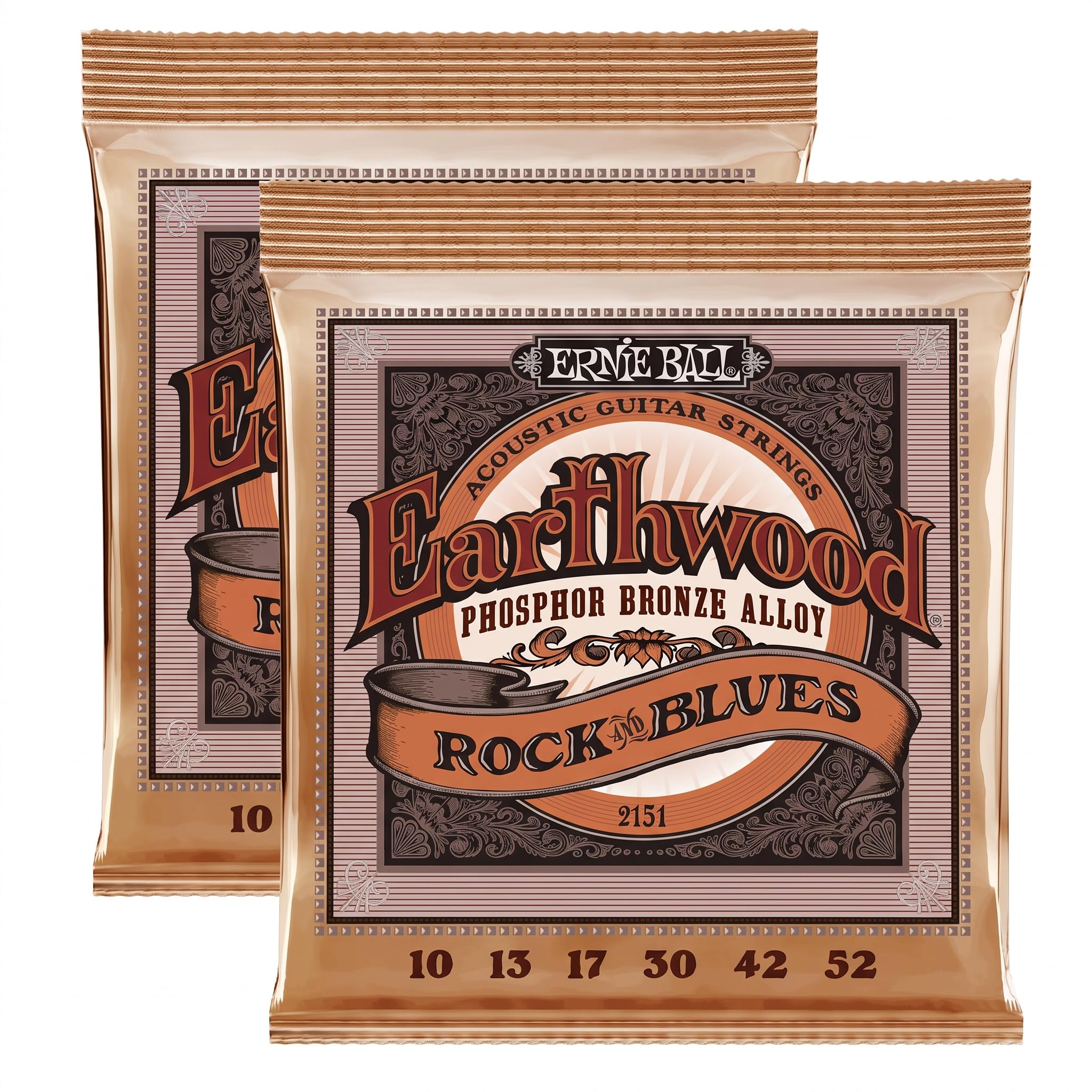 Ernie Ball Earthwood Rock &amp; Blues Phosphor Bronze Acoustic Guitar Strings, 10-52 Gauge (P02151) (Pack of 2)