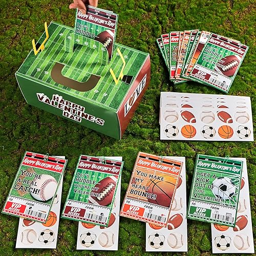 Valentines Cards for Kids Classroom, 28 Pcs Sports Themed Valentines Cards and 1 Pcs Valentines Boxes for Kids, for Boys and Girls at School, Funny Valentines Day Gifts