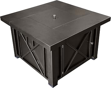 Hiland 38 Square Propane Fire Pit Table w/Lid, Fireglass Included, Regulator and Hose, 40,000 BTU, Decorative Crossbars, Bronze