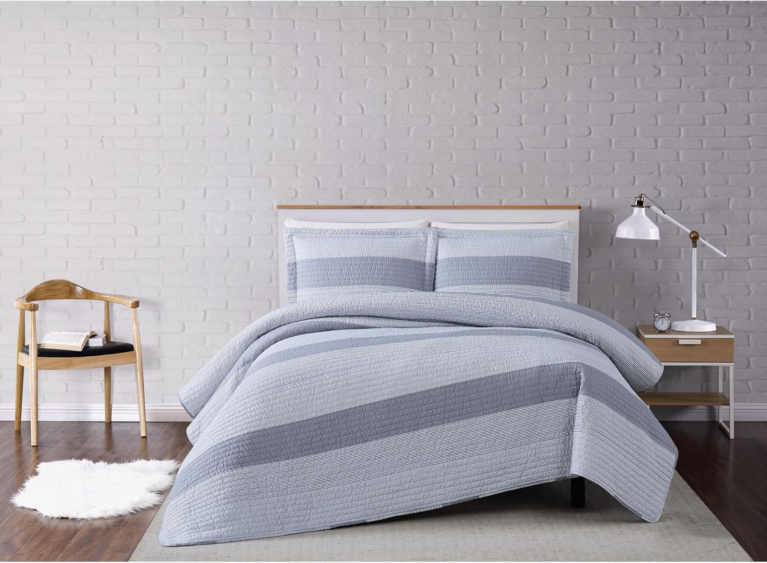 TRULY SOFT Multi Stripe Grey Polyester 3-Piece Full/Queen Quilt Set, Stripe Themed, for Men and Women, Oeko-TEX Certified Confidence