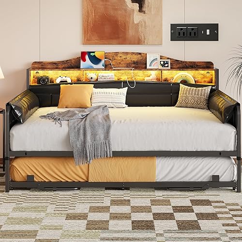 ANCTOR Daybed with Trundle, Twin Day Bed with Bookcase Headboard, Bedside Caddy, Charging Station LED Lights, Metal Sofa Bed Frame for Living Room, Bedroom, Black