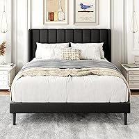 Vista 10 de Base de cama tamaño Queen con cabecera de cama tapizada con respaldo abatible, base de cama de plataforma de fácil montaje, soporte de listones