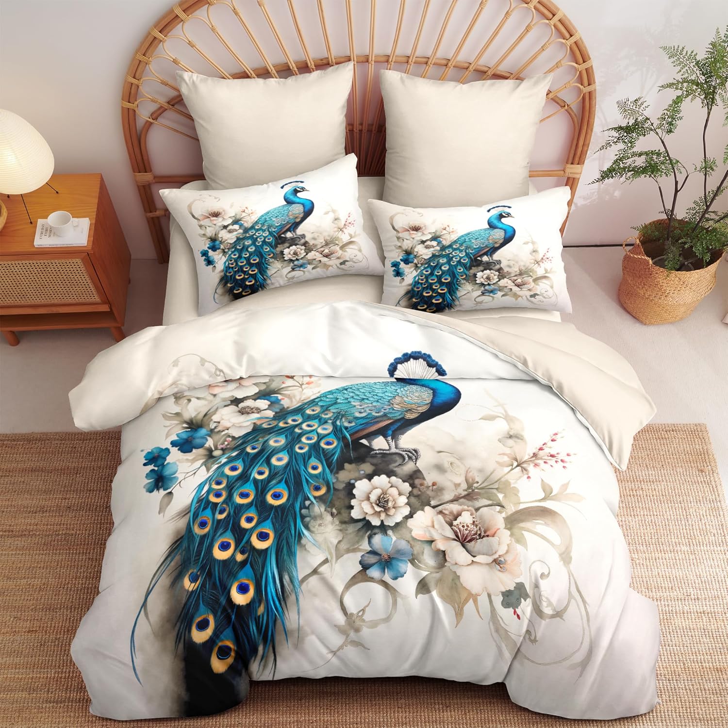 Peacock Comforter Set Queen Size Victorian Bird Floral Bedding Set for Women Girls Teal Peacock Feather Decor Quilt Set - 3Pcs Soft Fluffy Microfiber with 2 Pillowcases(90 * 90)