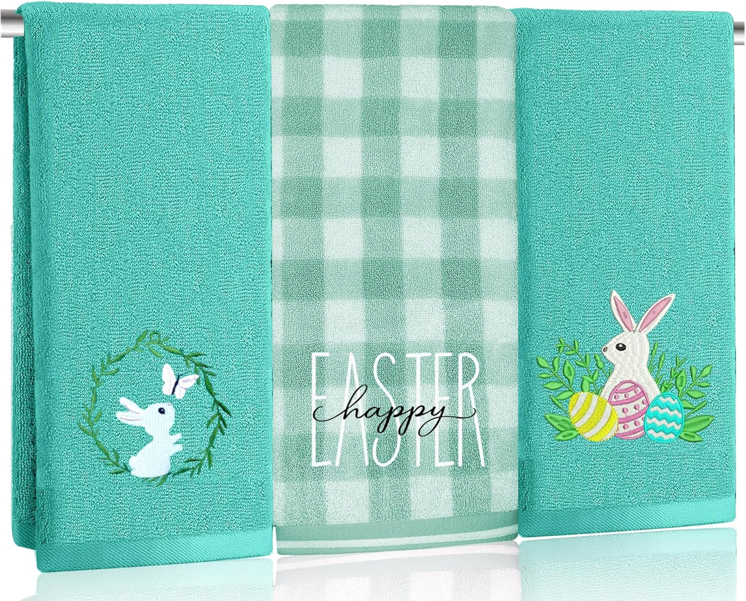 3pcs Buffalo Plaid Easter Bunny Hand Towels Set 100% Cotton Soft Absorbent Spring Bathroom Hand Towels 14x29 Inch Cute Easter Day Kitchen Decor Towels Holiday Bathroom Decor Gift(Blue)