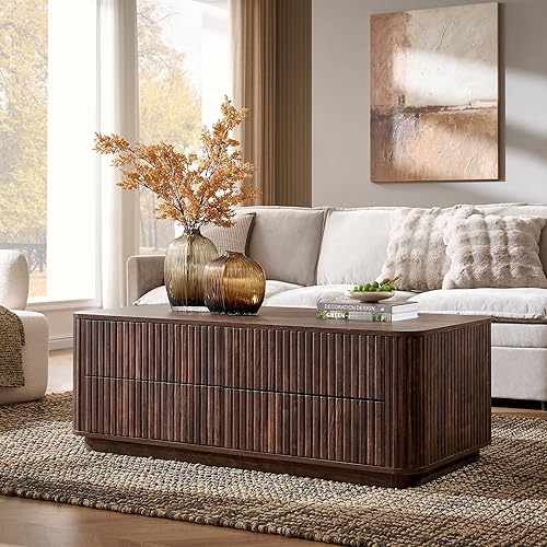 JXQTLINGMU 51" Fluted Coffee Table with Storage, Large Modern Coffee Table with 4 Drawers, Rectangle Wood Center Table for Living Room (Dark Walnut)