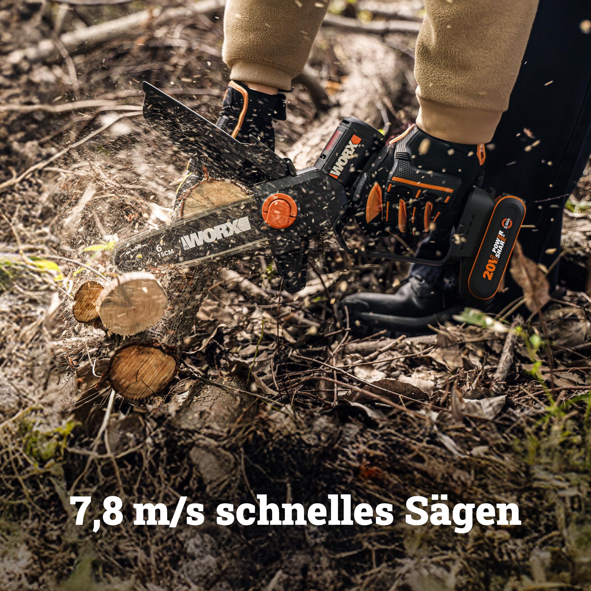 WORX WG327E.9 Akku Mini-Kettensäge 20V, 15 cm Schwertlänge, bürstenloser Motor, werkzeugloser Kettenwechsel und -spannung, ohne Akku und Ladegerät (kompakt, leicht und Strauchpflege)