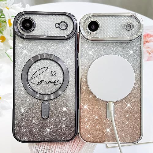 Vista 204 de Fiyart - Funda transparente magnética con purpurina para iPhone 12 para mujeres, con grabado "Love" metálico, protección para cámara y antigolpes