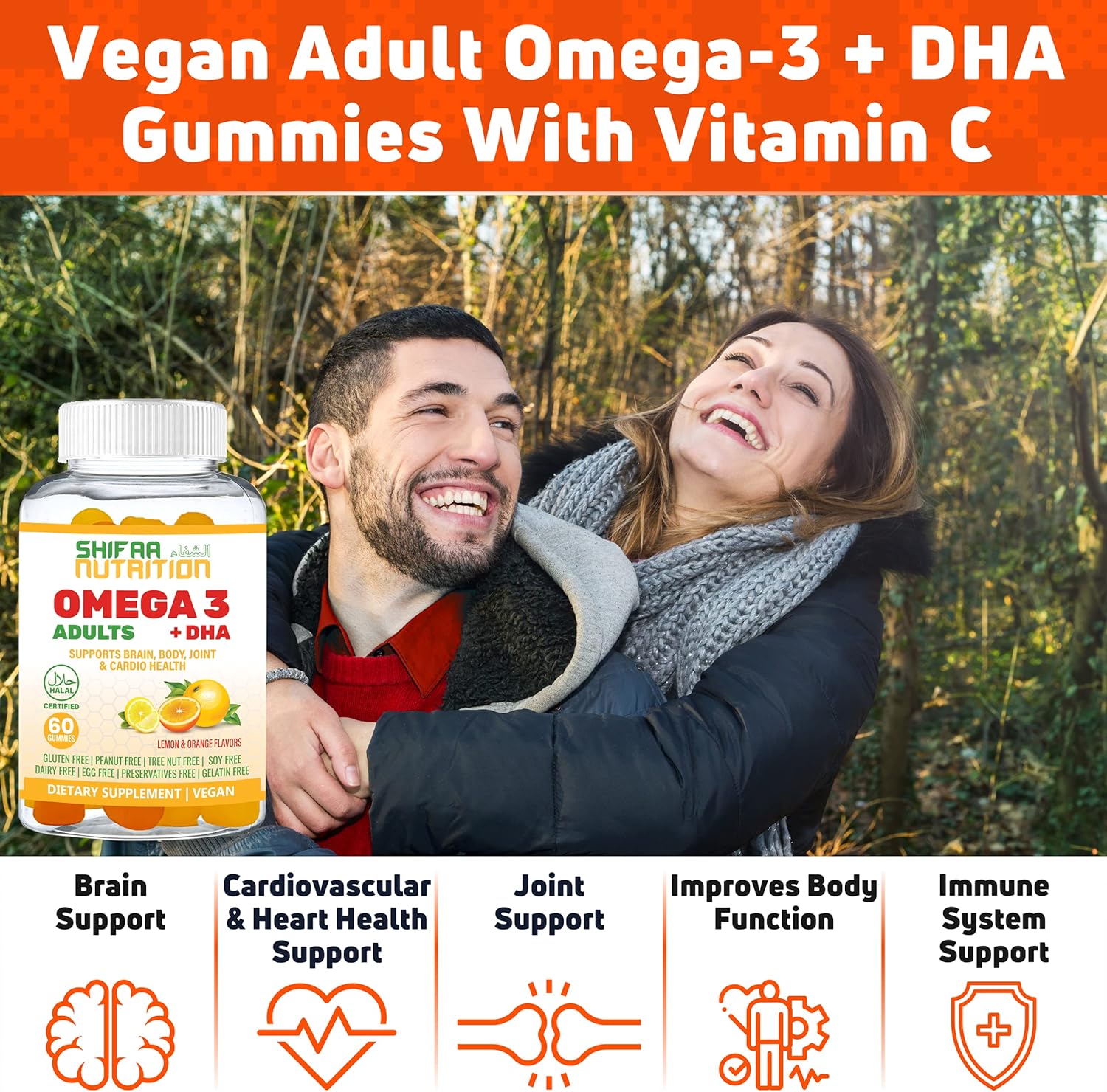 Vegan Omega 3 Gummies For Adults | No Fish Oil Burps | 60 Gummies | Plant Based w/ Chia Oil, Algae | Omega 3 6 9 w/ DHA, Vitamin C | For Brain, Cardiovascular & Immune Support | SHIFAA NUTRITION Halal : Health & Household