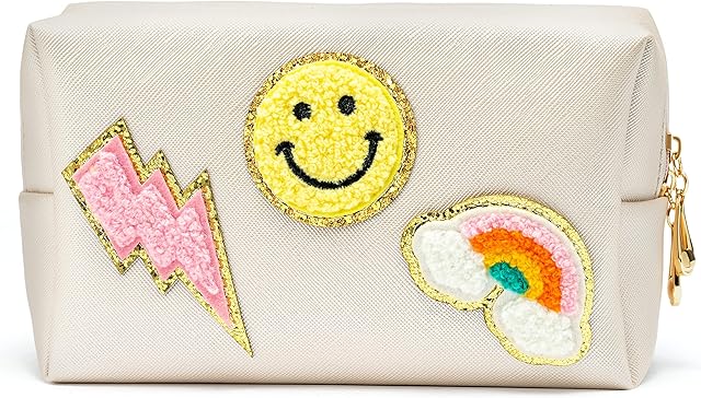 PANTIDE Preppy Patch Small Cosmetic Toiletry Bag Smile Rainbow Lightning PU Leather Waterproof Portable Cosmetic Makeup Bag Travel Organizer Pouch for Toiletries Storage Women Girls Gift (Shell White)