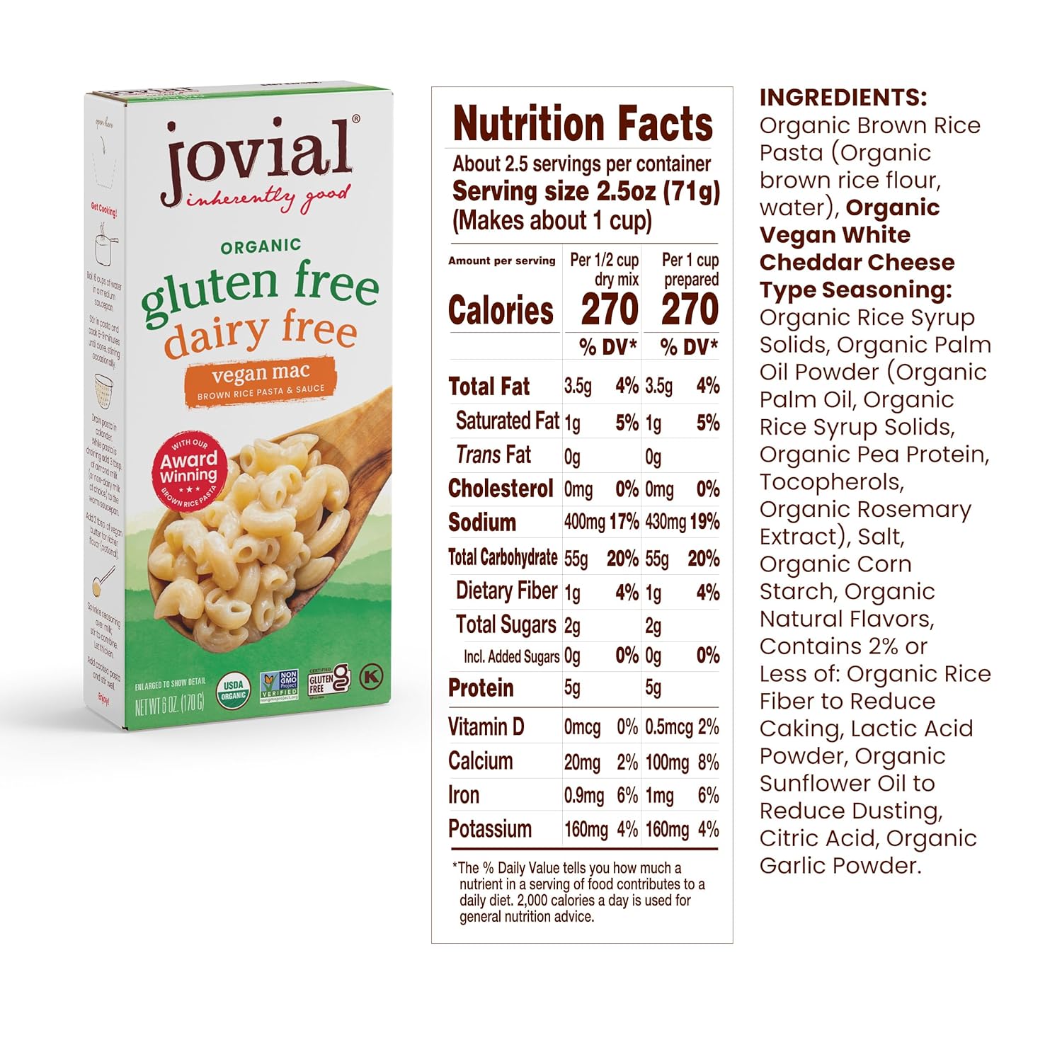 Jovial Organic Gluten Free Dairy Free Vegan Mac - Gluten Free Vegan Pasta, Whole Grain Pasta, Organic Pasta, Vegan Gluten Free Mac, Award Winning Taste, Made in Italy - 6 Oz, 6 Pack