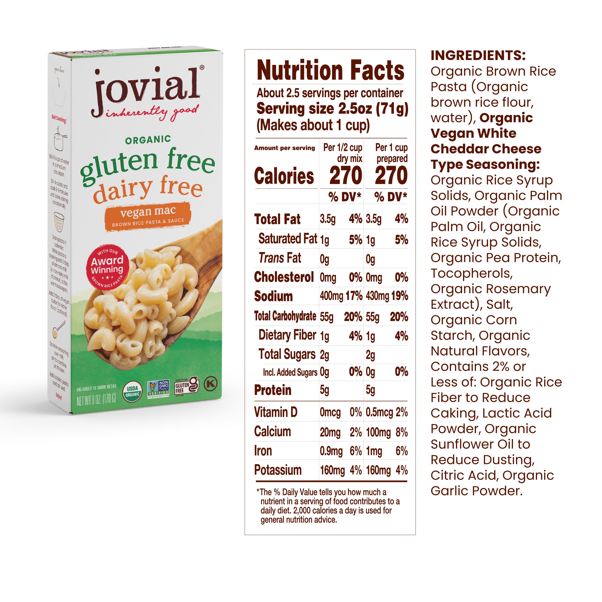 Jovial Organic Gluten Free Dairy Free Vegan Mac - Gluten Free Vegan Pasta, Whole Grain Pasta, Organic Pasta, Vegan Gluten Free Mac, Award Winning Taste, Made in Italy - 6 Oz