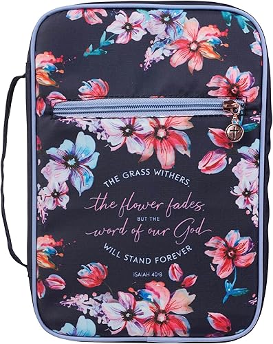 Funda de Biblia de moda azul marino Palabra de Dios permanece para siempre Isaías 408 Funda de nailon floral para Biblia (tamaño grande)