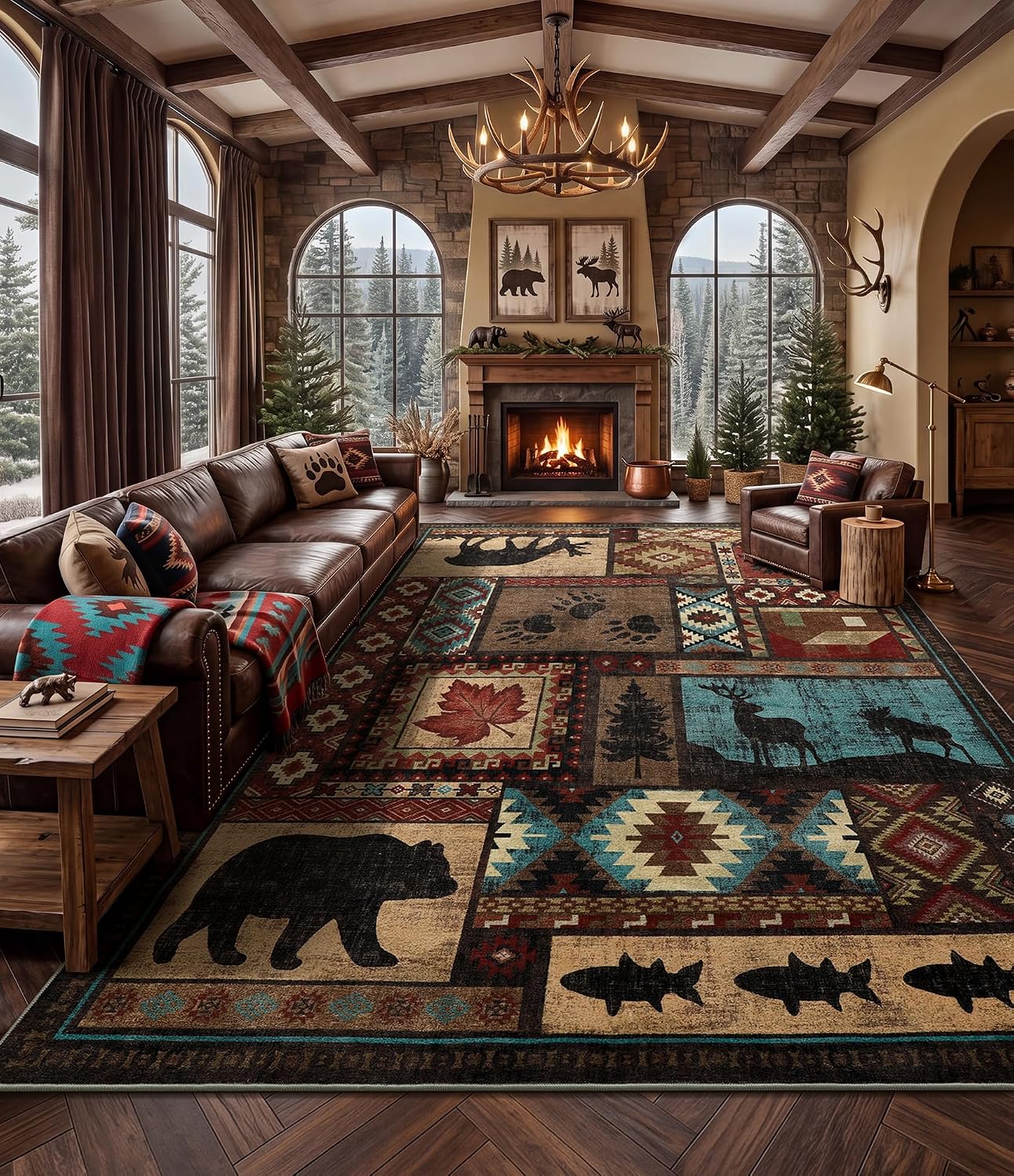 YIHOUSE 10x14 Rustic Cabin Area Rugs for Living Room, Brown