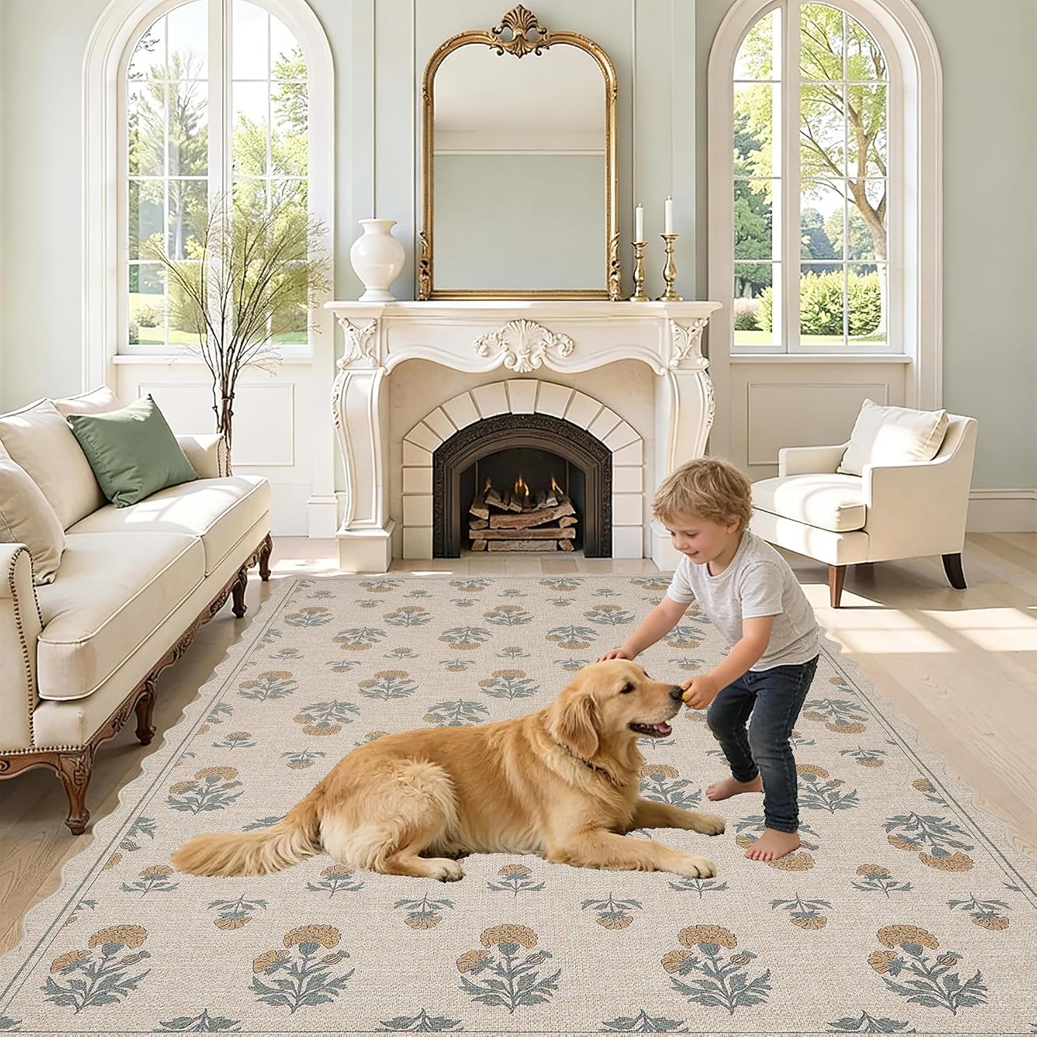 ORTIGIA Scalloped Easy Jute 5x7 Area Rug Vintage Yellow Floral Farmhouse Washable Rug Non-Slip Indoor Outdoor Carpet for Living Room Bedroom Patio Entryway
