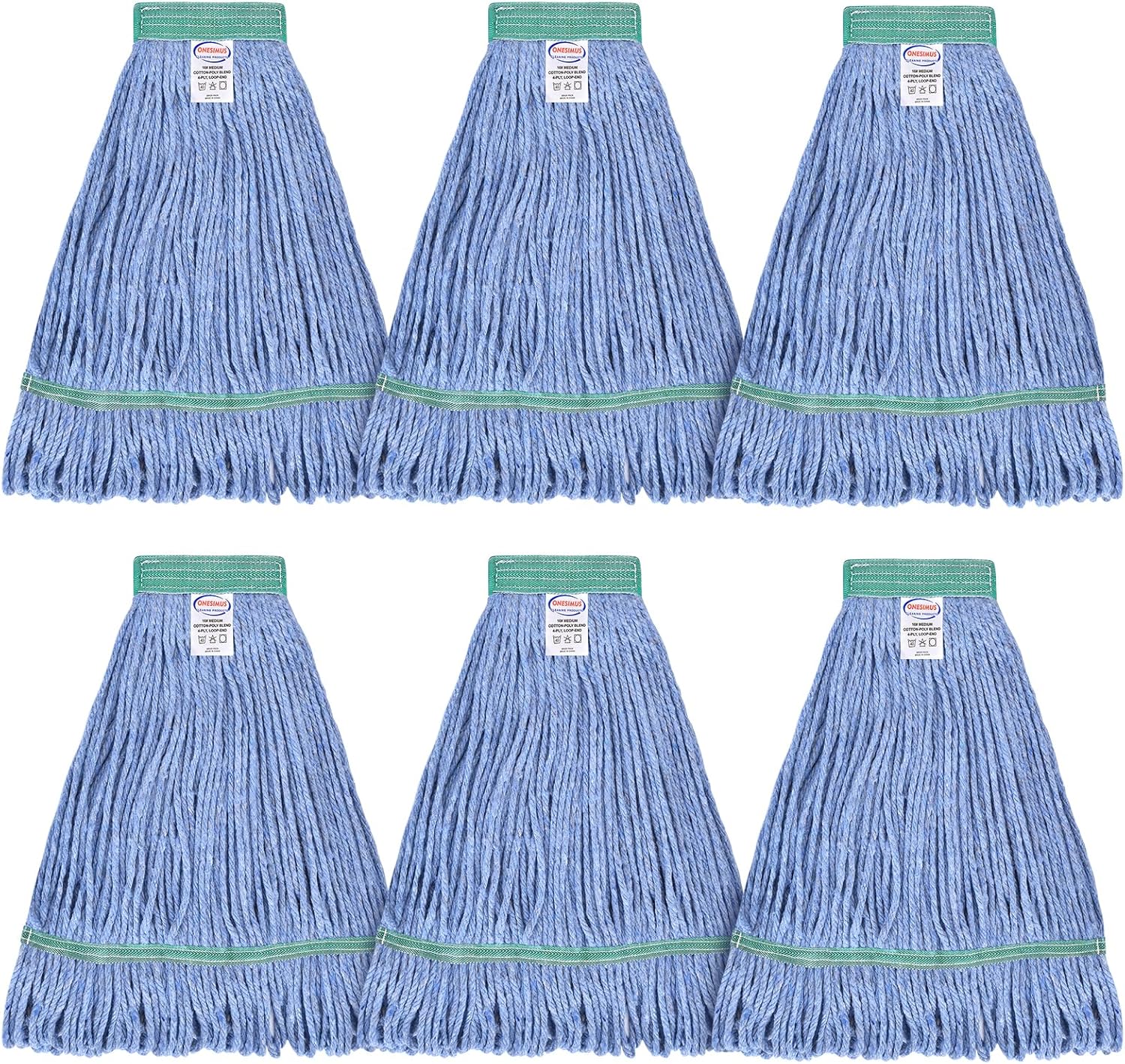 Onesimus 20 oz Mop Head Replacement, Industrial Mops for Floor Cleaning Heavy Duty 4-Ply Cotton Blend Looped End Wet Mop Refills 1.25 in Universal Headband Fit Most Handles, 6 Pack Large Blue