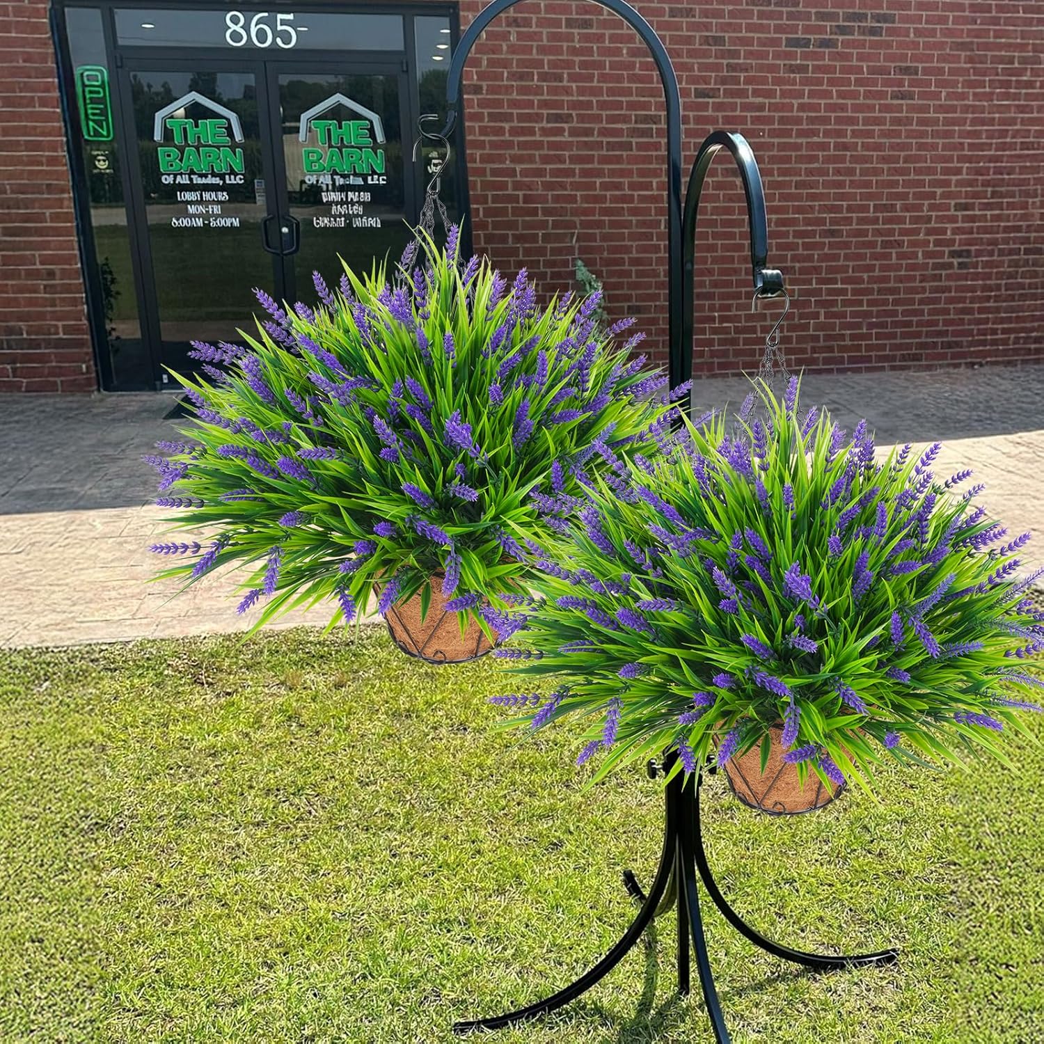 Zythrem Hanging Flower Basket 32 Branches Artificial Lavender Plants Outdoor UV Resistant Faux Hanging Plants Outdoor for Porch Patio Balcony Yard Eaves Farmhouse Decor