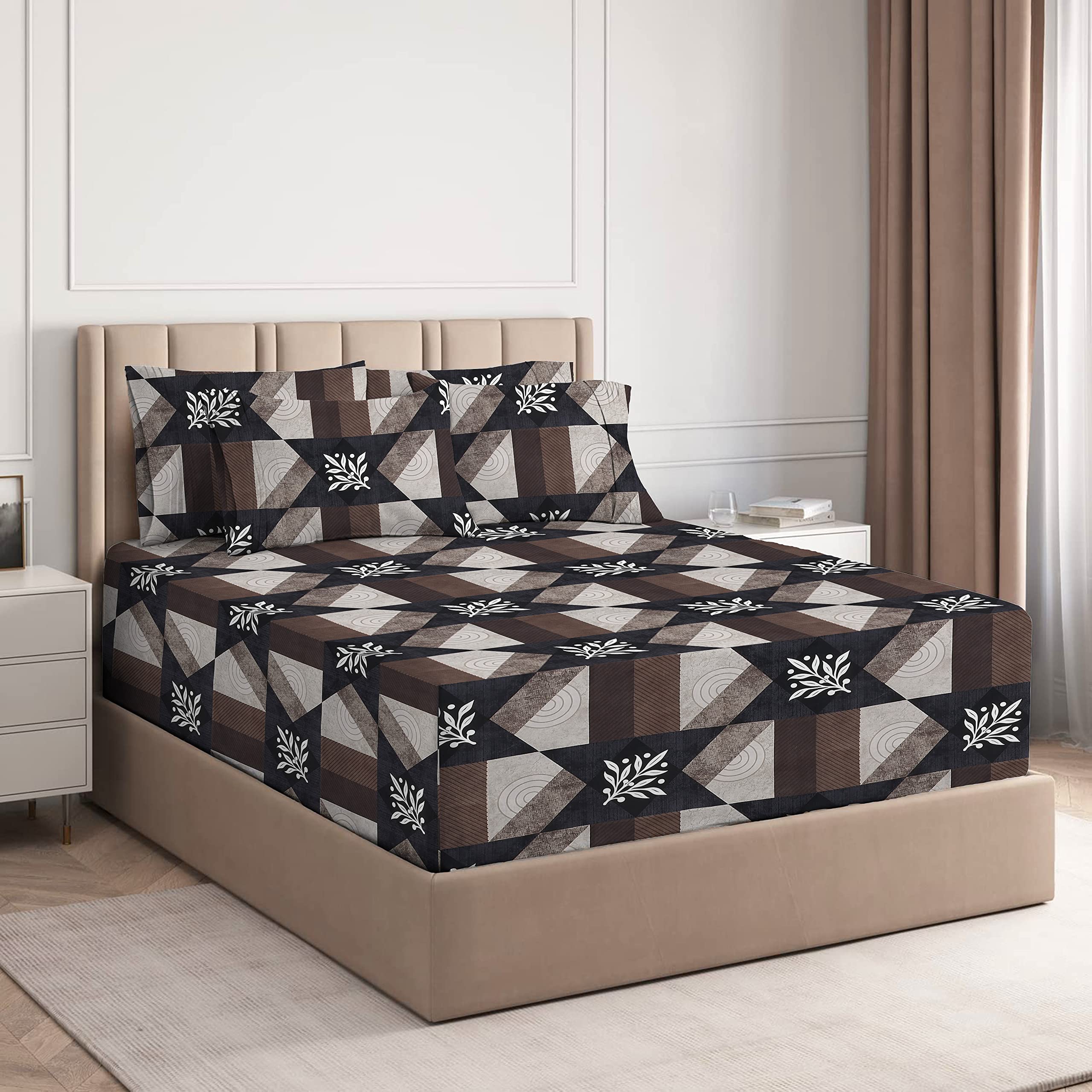 VAS COLLECTION Premium Cotton Elastic Fitted Bedsheets with 2 Pillow Covers | Double Bed with All Around Elastic 160 TC Supersoft | Size - 72x78+10 inches Creams