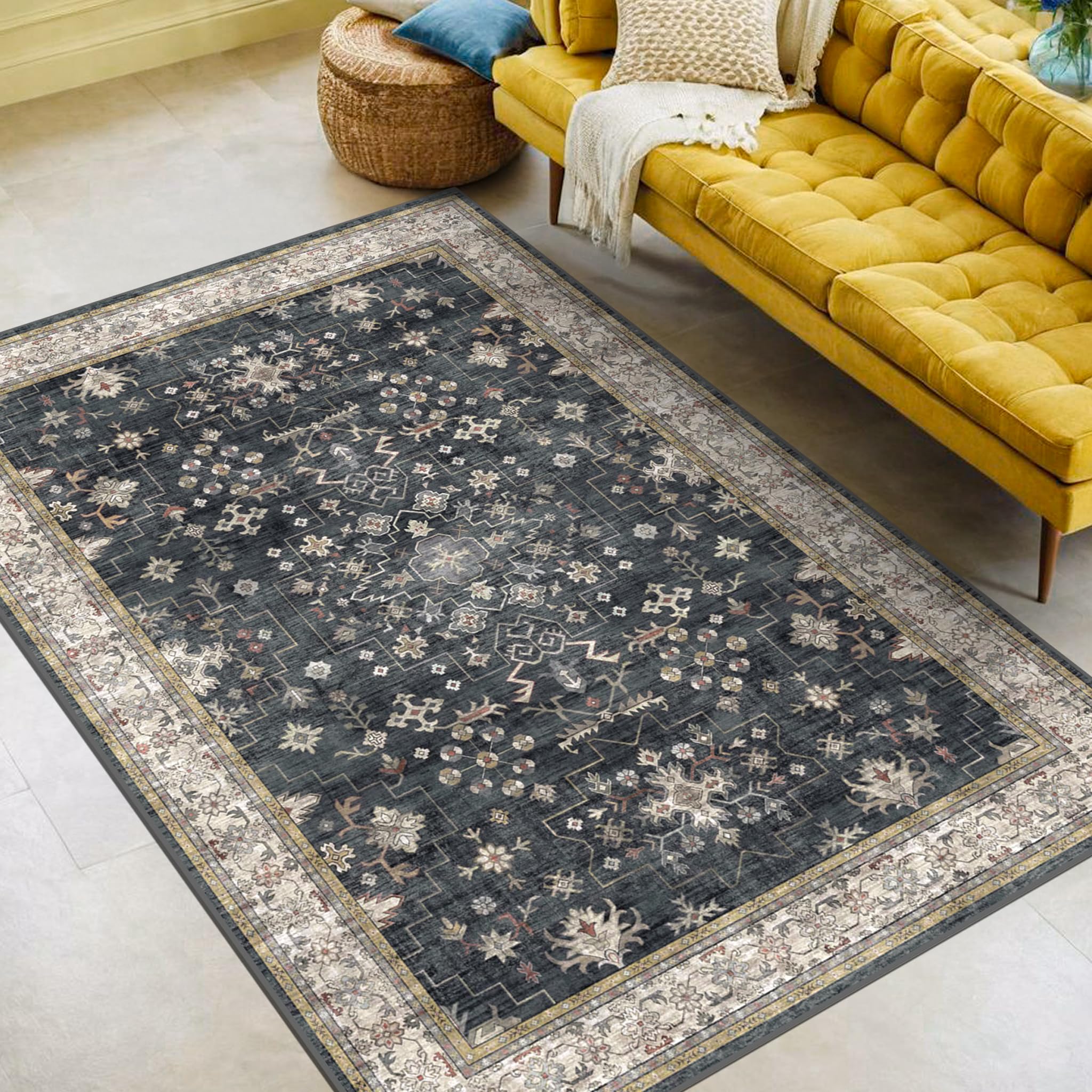 Black Modern Farmhouse 5x8 Area Rug for Living Room, Boho Large Entryway Rug, Dark Floor Carpet for Kitchen Under Small Dining Table, Bedroom - Washable Low Pile Waterproof Non Slip & Stain Resistance โ image 1