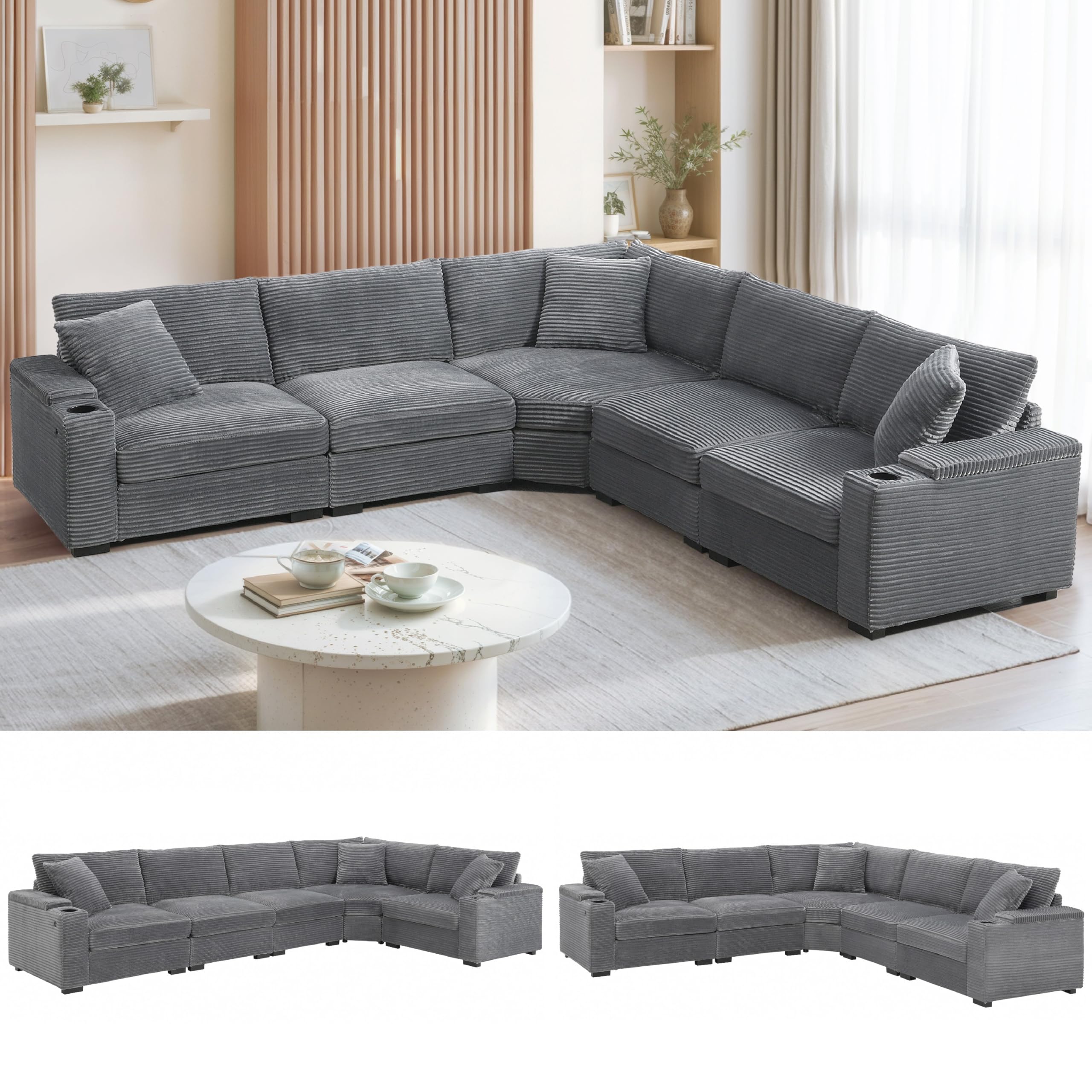 ( incomplete only 1  box ) Merax 106" Corduroy Sectional Corner Sofa with Cup Holders & USB Charger, 5 Seat Convertible L Shaped Couch Set with Armrest Storage, Oversized Comfy Modular Sofabed for Living Room & Apartment, Gray