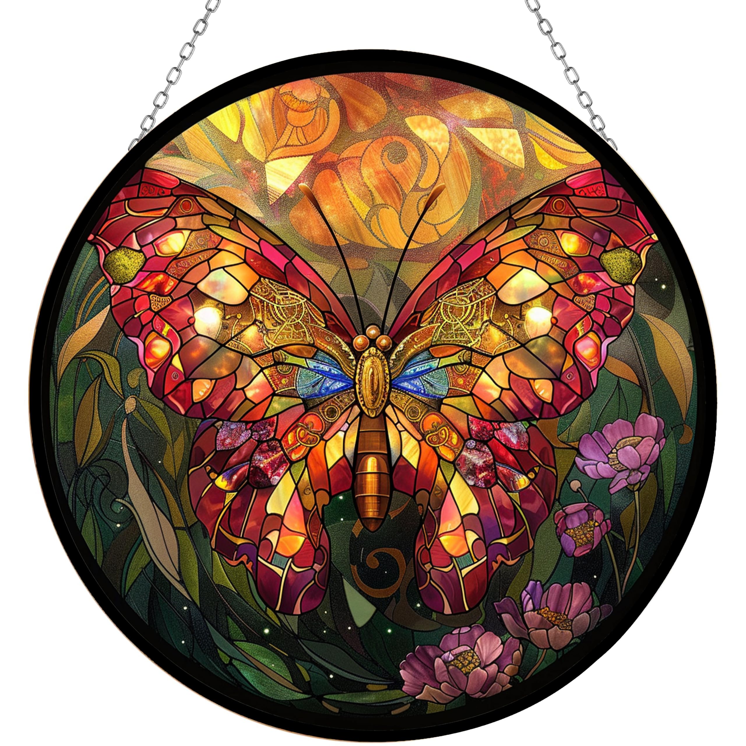 365CUSGIFTS Butterfly Flower Stained Glass Window Hanging Sun Catcher Halloween Haning Ornament Decoration Christmas Birthday Gifts for Lover and Friends