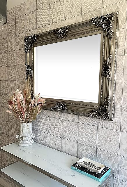 DOWNTON INTERIORS Antique Silver French Baroque Wall Mirror With Wide Ornate Frame (95 x 75 cm - 37 x 30 ins)