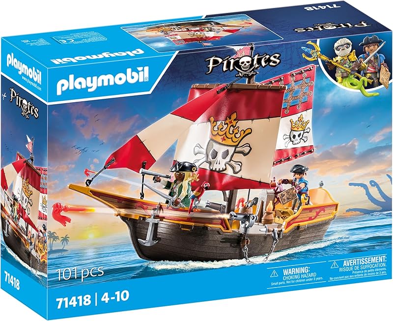 Playmobil 71418 Chaloupe des Pirates, Le Bateau Flotte et Peut être équipé d'un Moteur Submersible, 