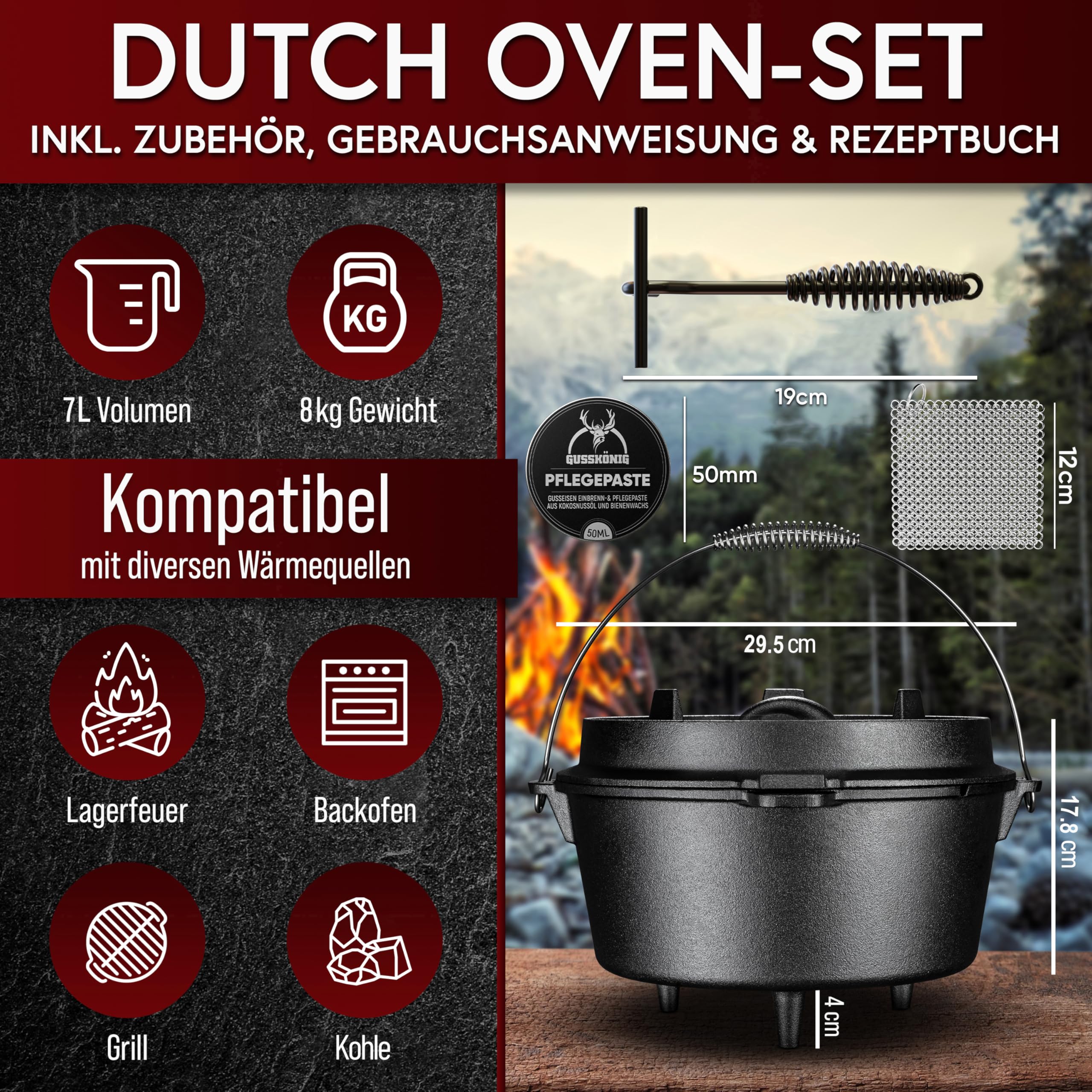 GUSSKÖNIG Essential Line Dutch Oven Set [für 3–6 Personen] – 5,5L Topf & 1,5L Deckel, eingebrannter Feuertopf mit Füßen, inkl. Deckelheber, Ringreiniger, Pflegepaste & Rezeptbuch – 30 Jahre Garantie