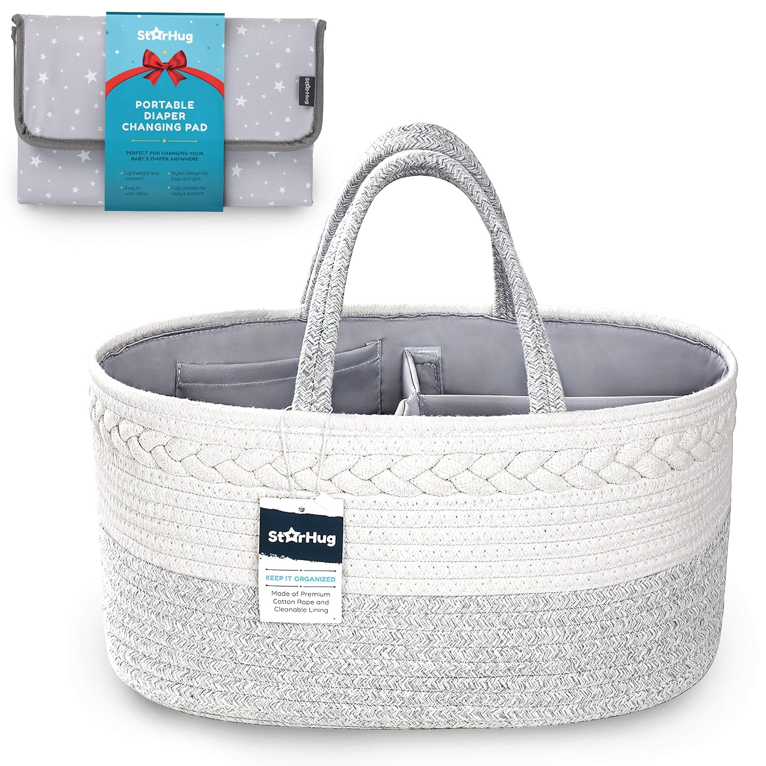 StarHug Baby Diaper Caddy Organizer – Baby Shower Basket with 2 Inner Pockets, Cleanable Interior, 100% Cotton Rope, Eco-Friendly, Large (Diaper Caddy + Portable Changing Pad)