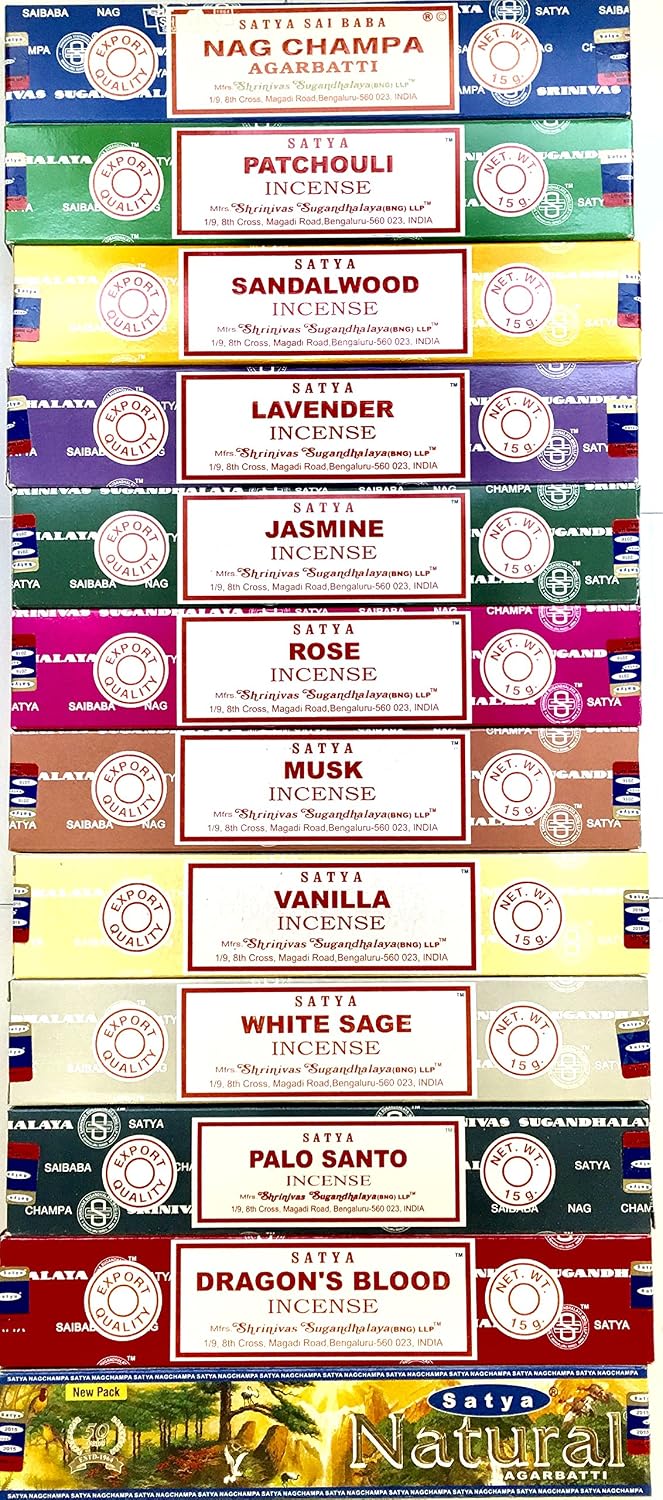 Set of 12 Nag Champa Patchouli Sandalwood Lavender Jasmine Rose Musk Vanilla White Sage Palo Santo Dragonblood Natural By Satya