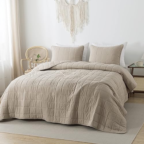 Miniatura 7 de Juego de ropa de cama beige de tamaño individual con funda de almohada, colcha ligera y suave, manta acolchada fina para todas las estaciones,