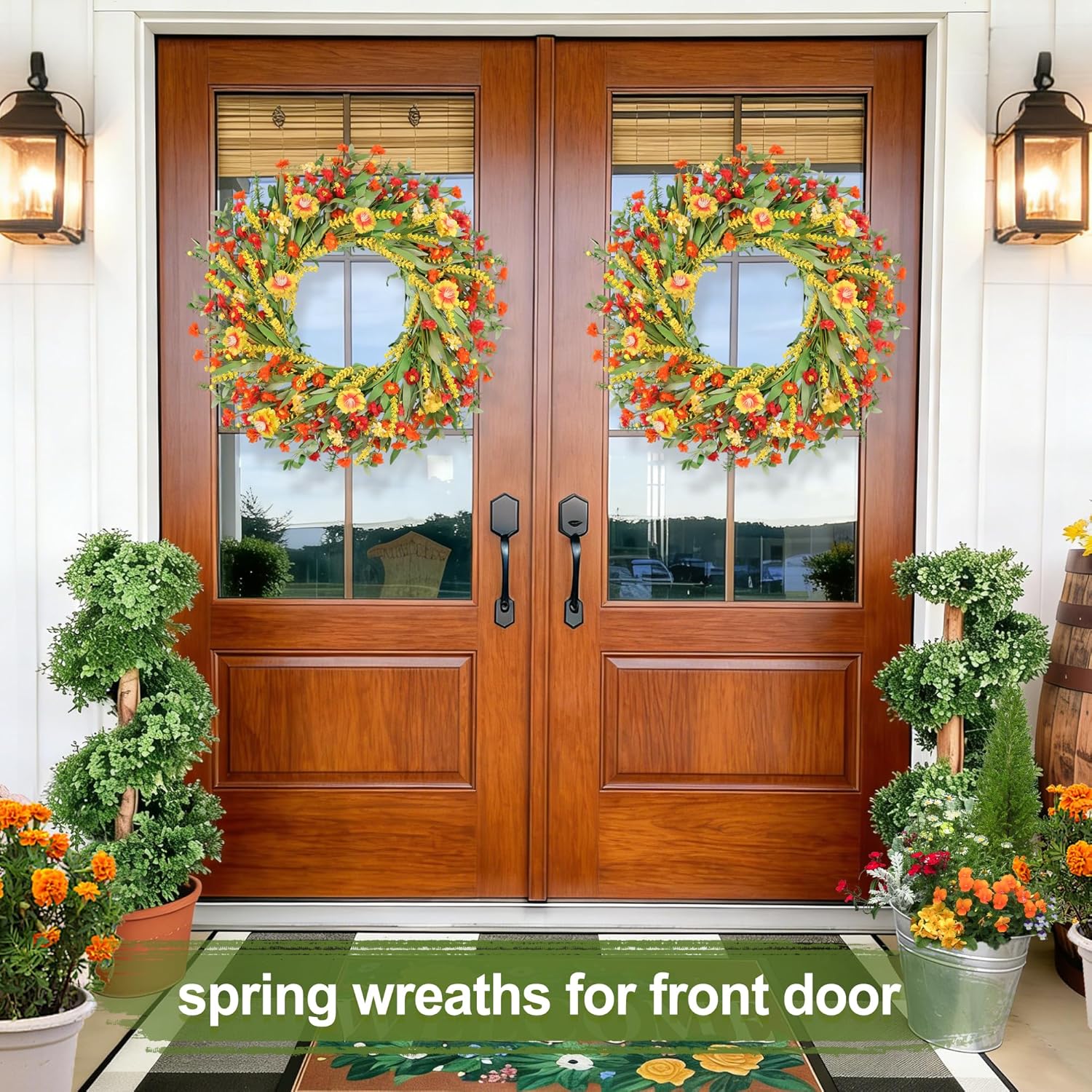 26" Floral Wreath, Artificial Spring Wreaths for Front Door, with Wildflower Portulaca Flowers, Indoor Outdoor Porch Window Wall Home Decor for Valentine’s Day Easter, Summer & Wedding Orange