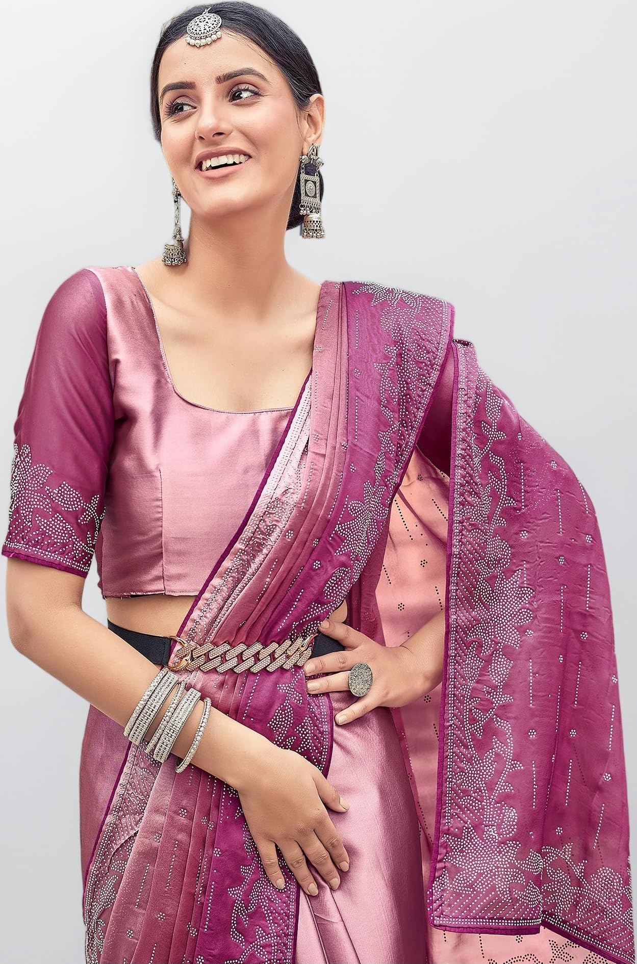 Women's Georgette Hot Fixing Stone Work Saree with Unstitched Blouse Piece