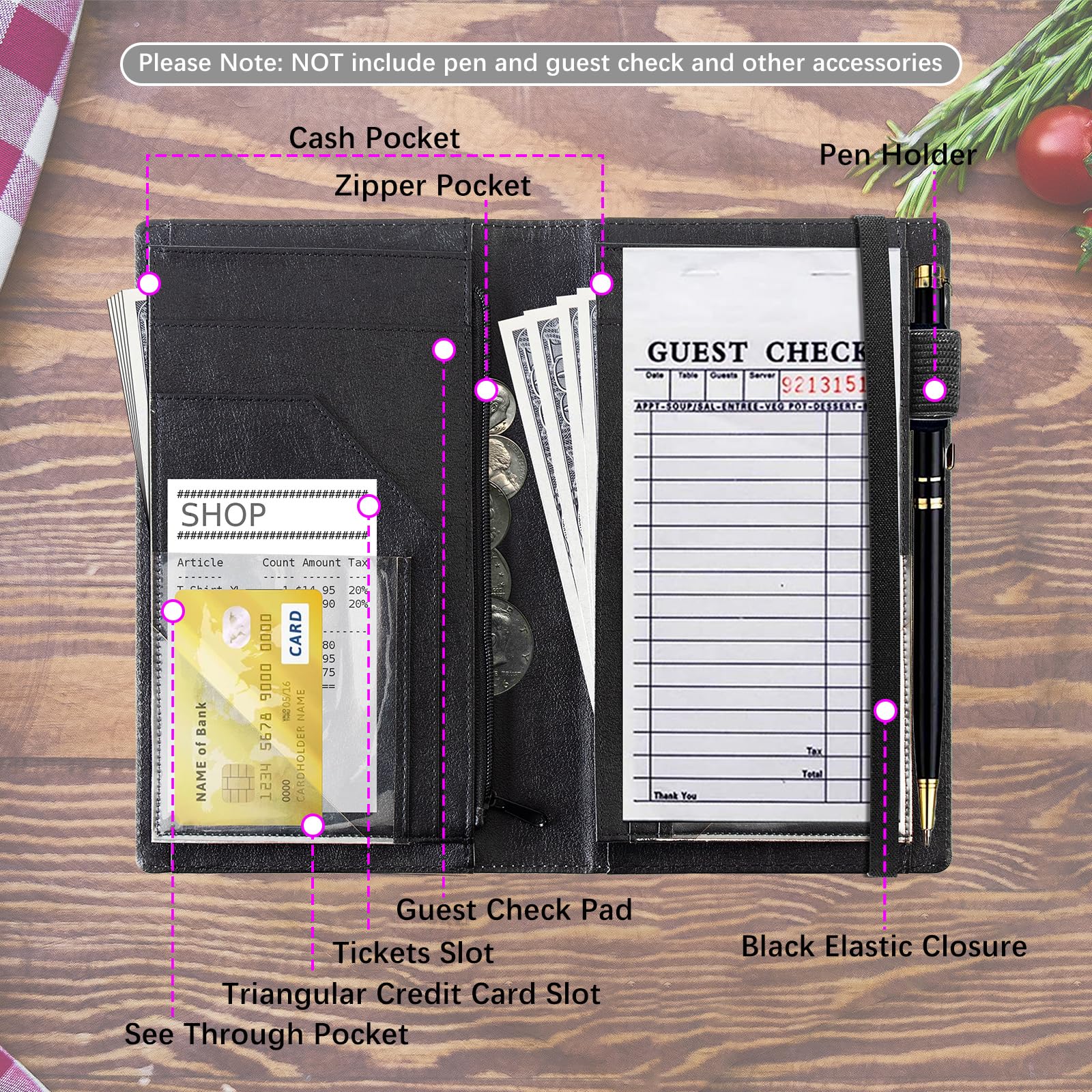 Pu Leather Restaurant Guest Check Presenters And Waiter Book Organizer - View #3