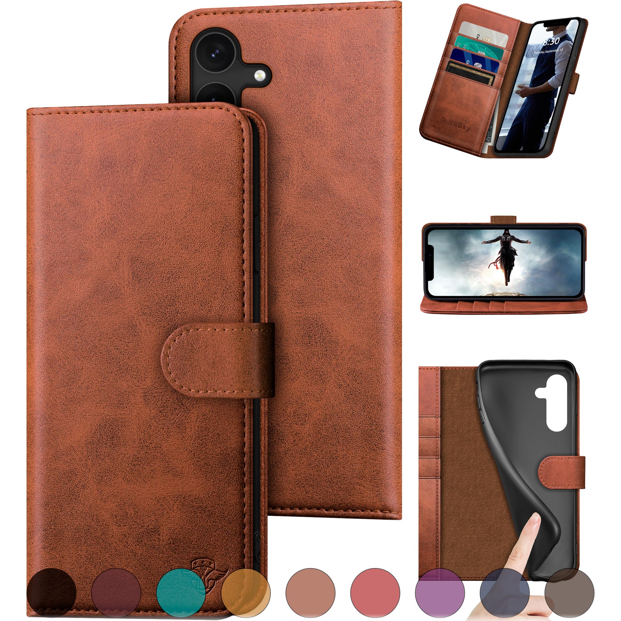 DuckSky for Samsung Galaxy S24 5G Genuine Leather Wallet case ?RFID Blocking??4 Credit Card Holder??Real Leather? Flip Folio Book Phone case Protective Cover Women Men for SamsungS24 case Light Brown