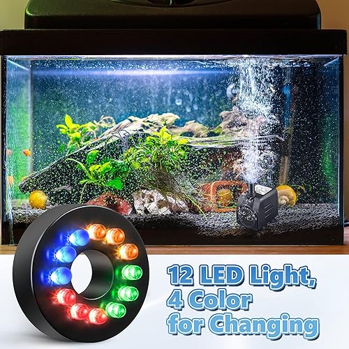 Miniatura 6 de Paquete de 2 bombas sumergibles de fuente de 15 W 220 GPH con 12 luces LED de color, bomba de fuente pequeña con 4 boquillas de pulverización,
