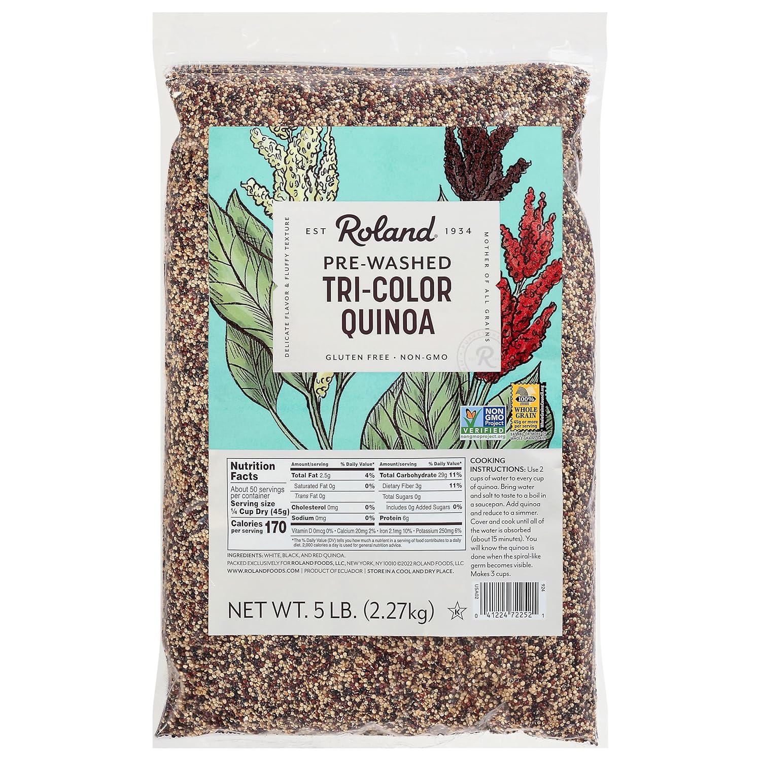 Roland Foods Organic Tri-Color Quinoa Pre-Washed Gluten-Free Whole Grain 5 lb Bulk Bag