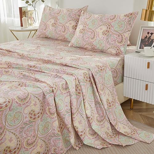 Miniatura 4 de Brandream Juego de sábanas de tamaño King, estilo bohemio, estampado paisley, color rosa, acuarela, estilo granja, colección de ropa de cama de