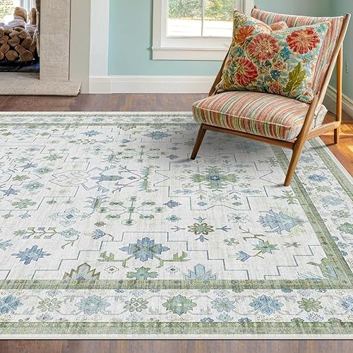 Miniatura 124 de Alfombra de Pasillo de Baño Lavable Oushak 2x5 - Floral Pastel Bohemio Ecléctico, Alfombra Pequeña Antideslizante de Pelo Bajo Resistente a Manchas