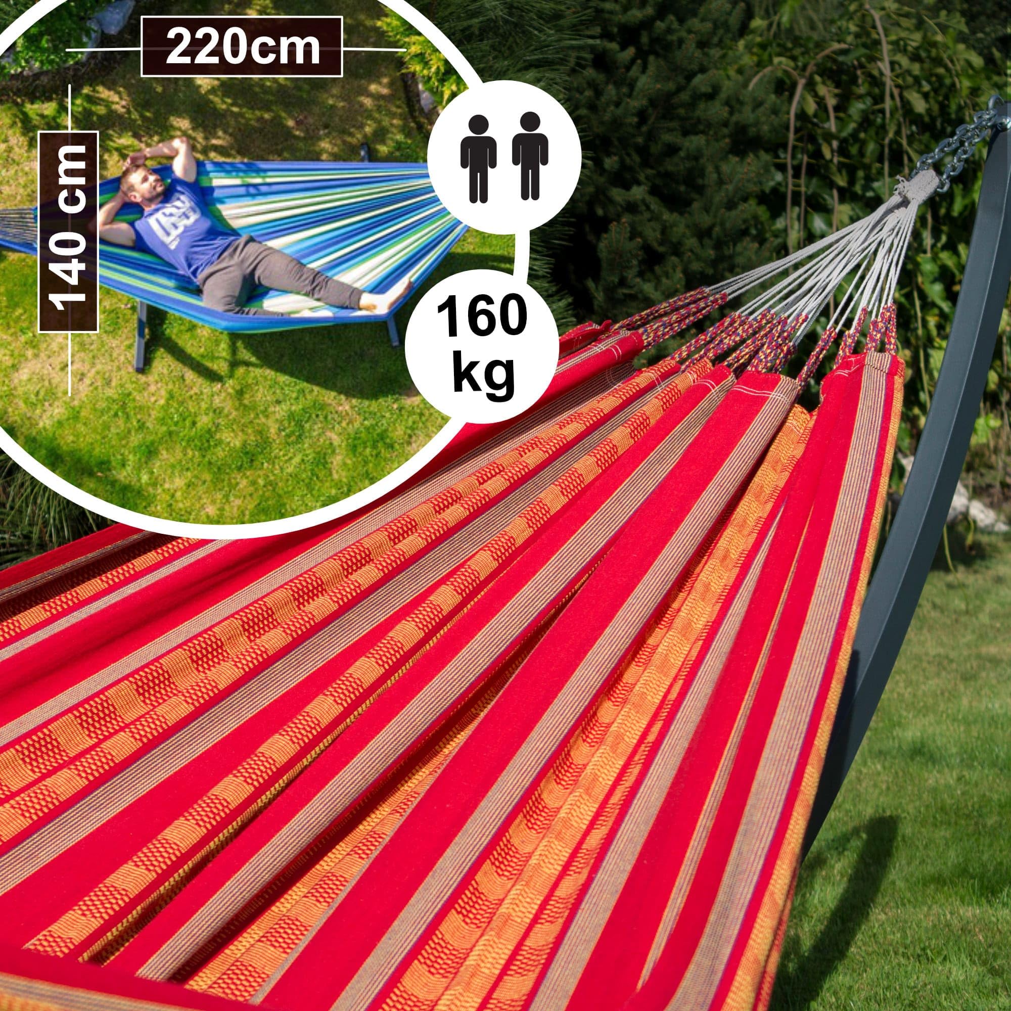 Potenza Amaca da Giardino con Supporto in Acciaio ZINCATO A CALDO – Amaca Doppia 220x140 cm, 160 kg in 100% Cotone con Struttura lunga 365 cm, Portata 220 kg, con Telaio Resistente alle Intemperie