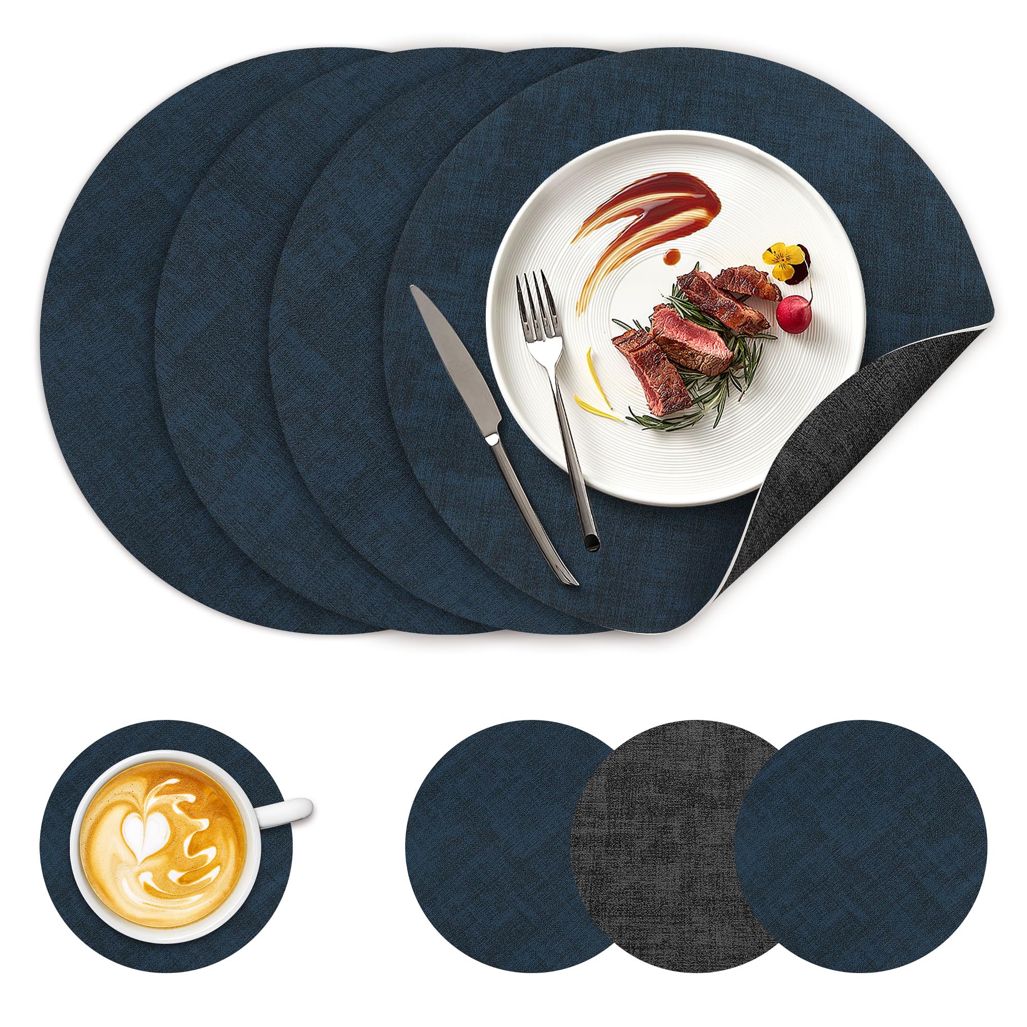 NCUE 13" Faux Leather Round Placemats Set of 4, Reversible Dual-Color