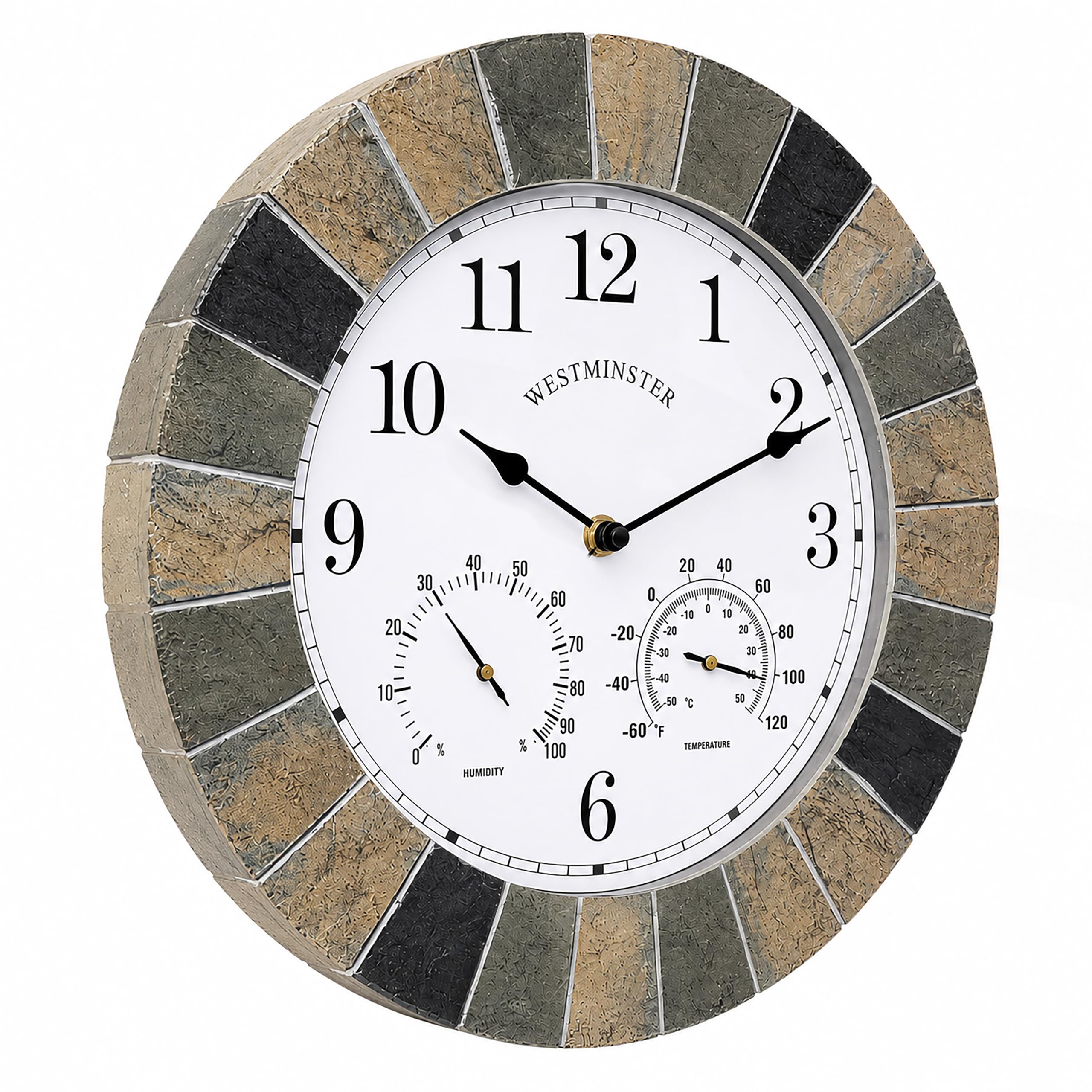 Homezone Westminster - Reloj de jardín y termómetro de 10 pulgadas, resistente al agua, duradero, decoración de jardín, para patio, cocina, sala de estar (reloj de pizarra de piedra)