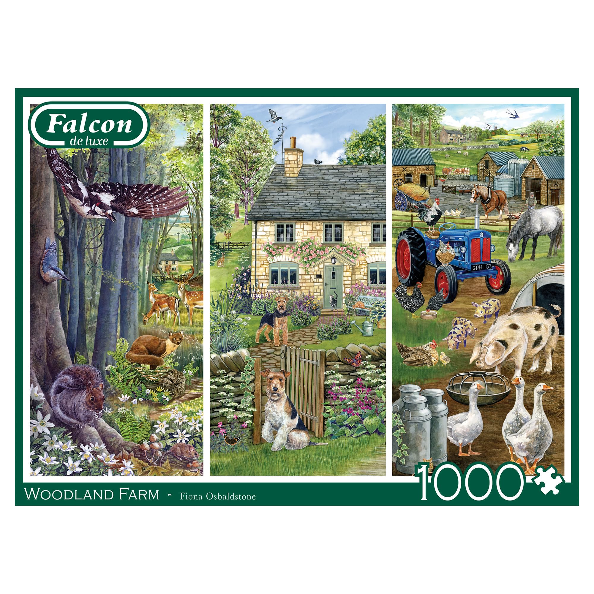 Jumbo -Falcon de Luxe Woodland Farm 1000-Piece Jigsaw Puzzle-Fiona Osbaldstone Illustration -Picturesque Triptych of Woodland Animals -Premium Recycled Board-Poster-Like Finish-Eco-Friendly Packaging - Image 3