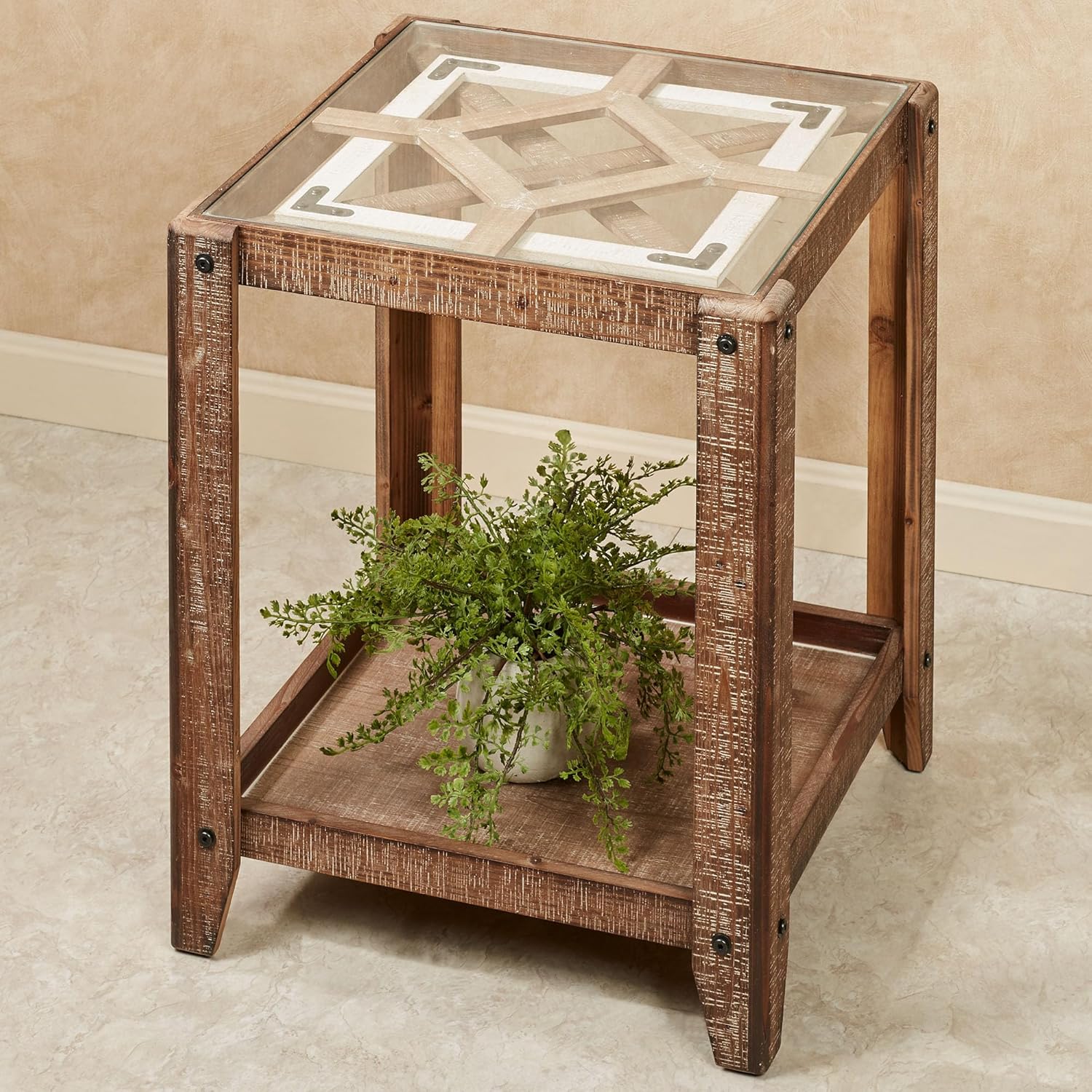 Touch of Class Maclaen Rustic Wooden Accent Table with Glass Top, 24 Inches High, 20 Inches Square Top