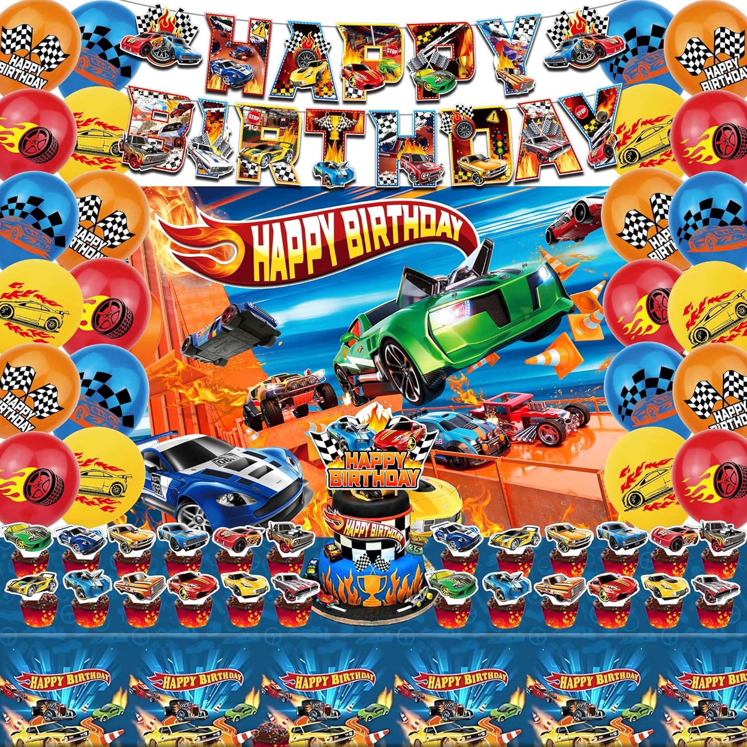 52Pcs Hot Car Birthday Party Decorations, Birthday Party Supplies for Hot Car Includes Banner, Backdrop, 24 Balloons, Cake Topper, 24 Cupcake Toppers, TableCloth