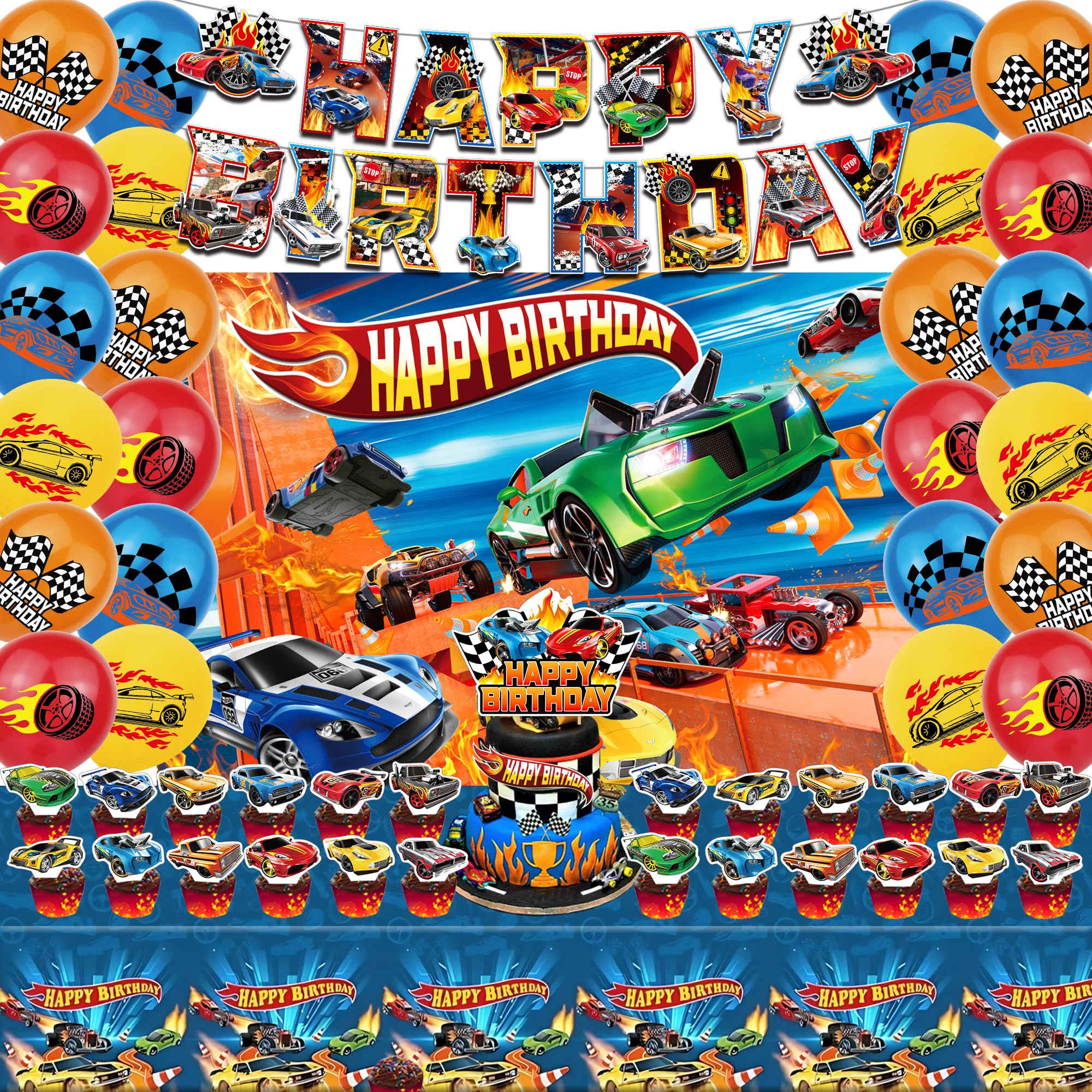 52Pcs Hot Car Birthday Party Decorations, Birthday Party Supplies for Hot Car Includes Banner, Backdrop, 24 Balloons, Cake Topper, 24 Cupcake Toppers,