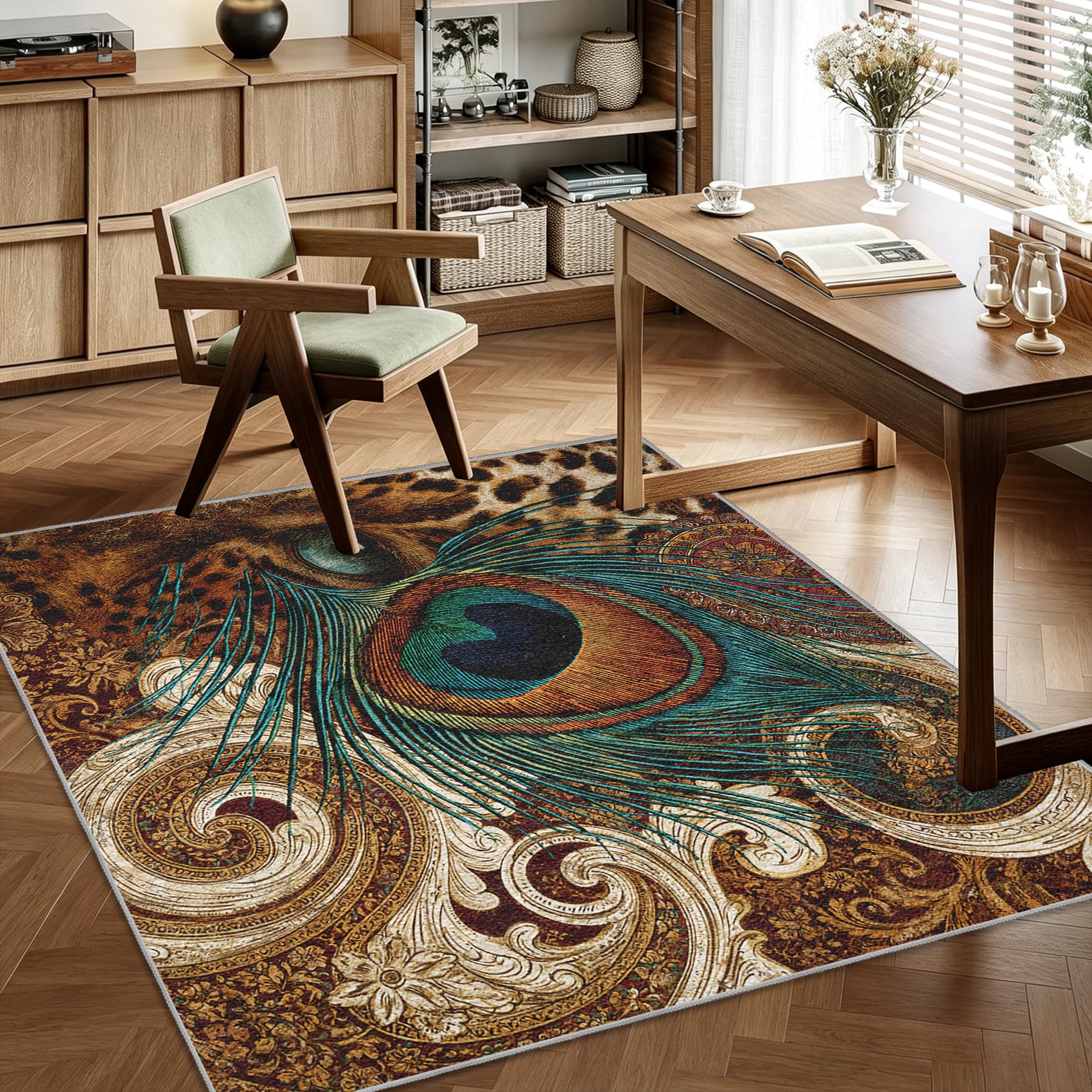 Générique Motif Léopard Tapis Salon 120x170cm Plume De Paon