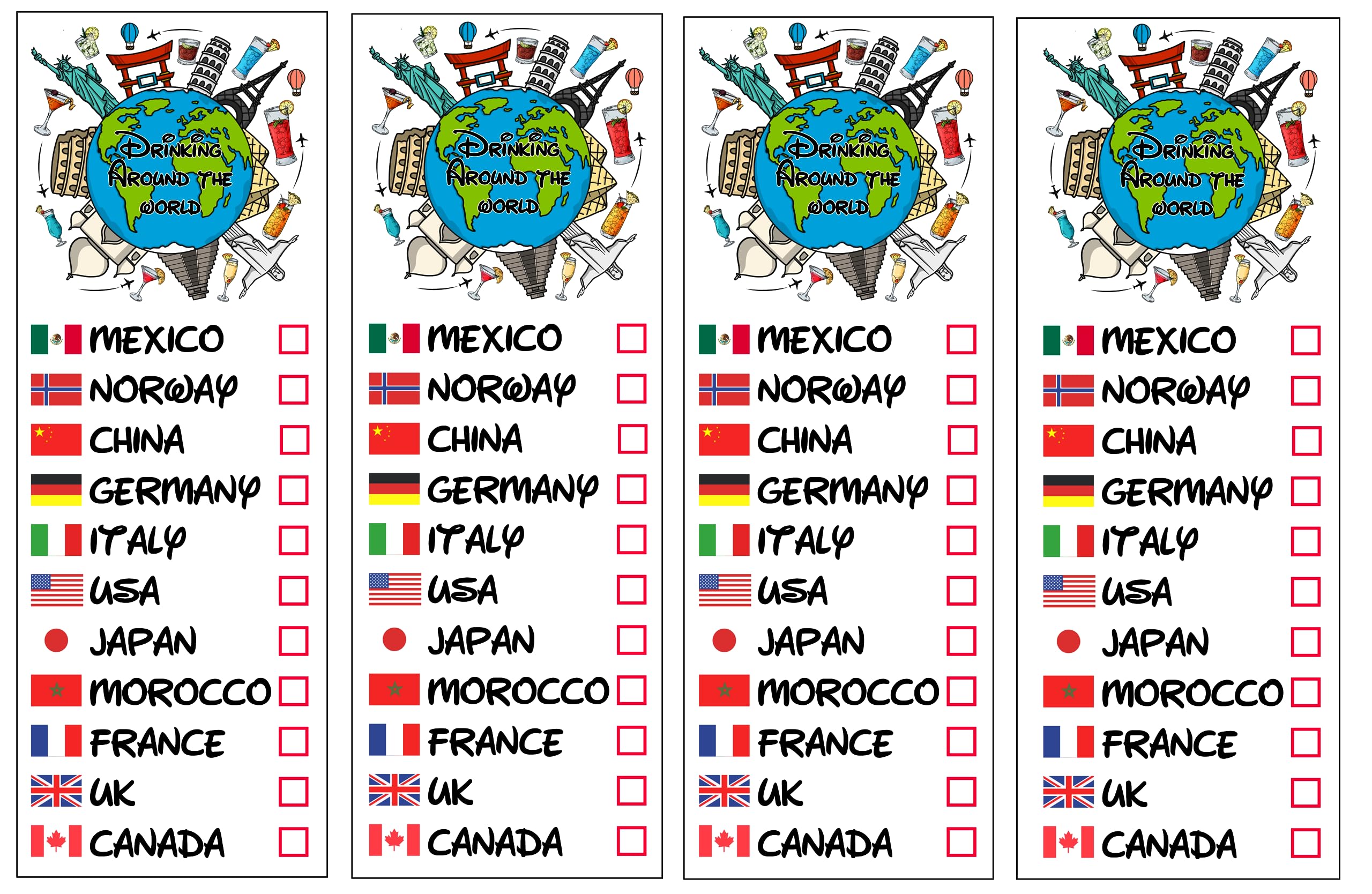 Drinking Around The World - Pack Of 4 Tattoo - Perfect For Trip To Epcot