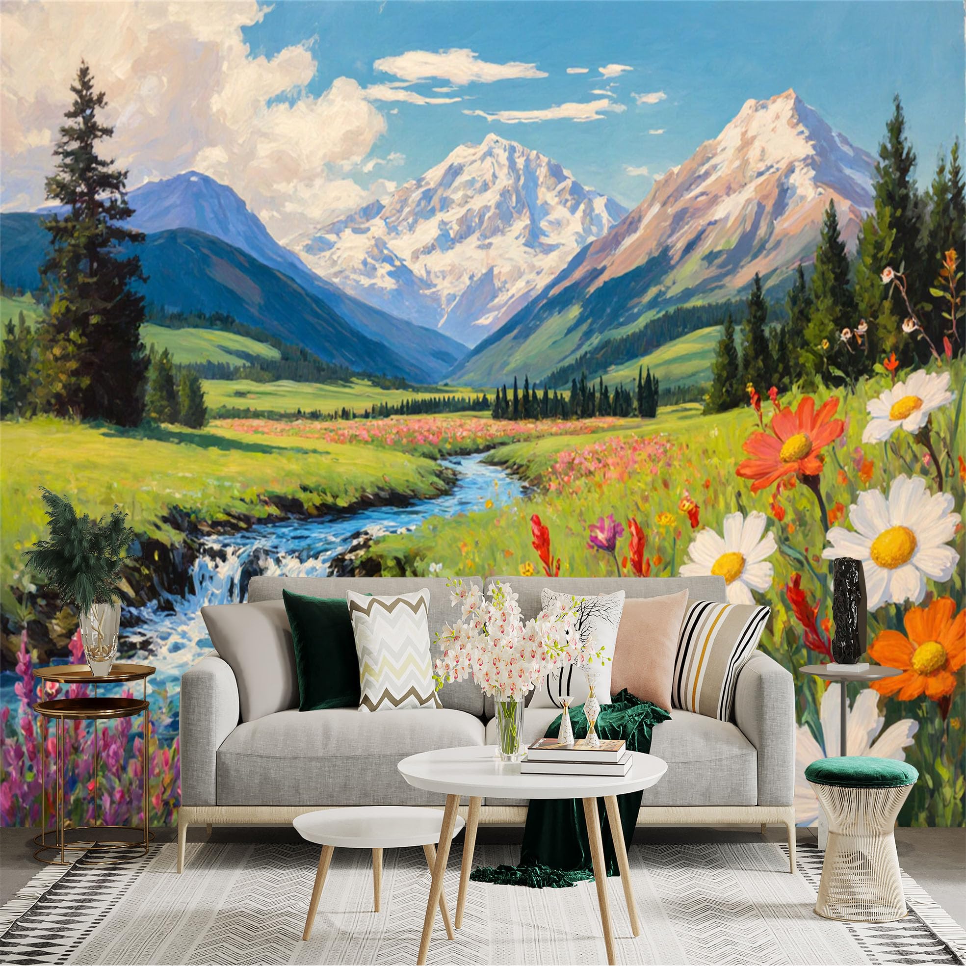 Lnzczhyre Xc260505080 Custom Size Wall Sticker Mural， Scenic Mountain Landscape， Flowing River， Blooming Wildflowers， Meadow Nature View， For Wall Decoration， Peelandstick Wall Decals.