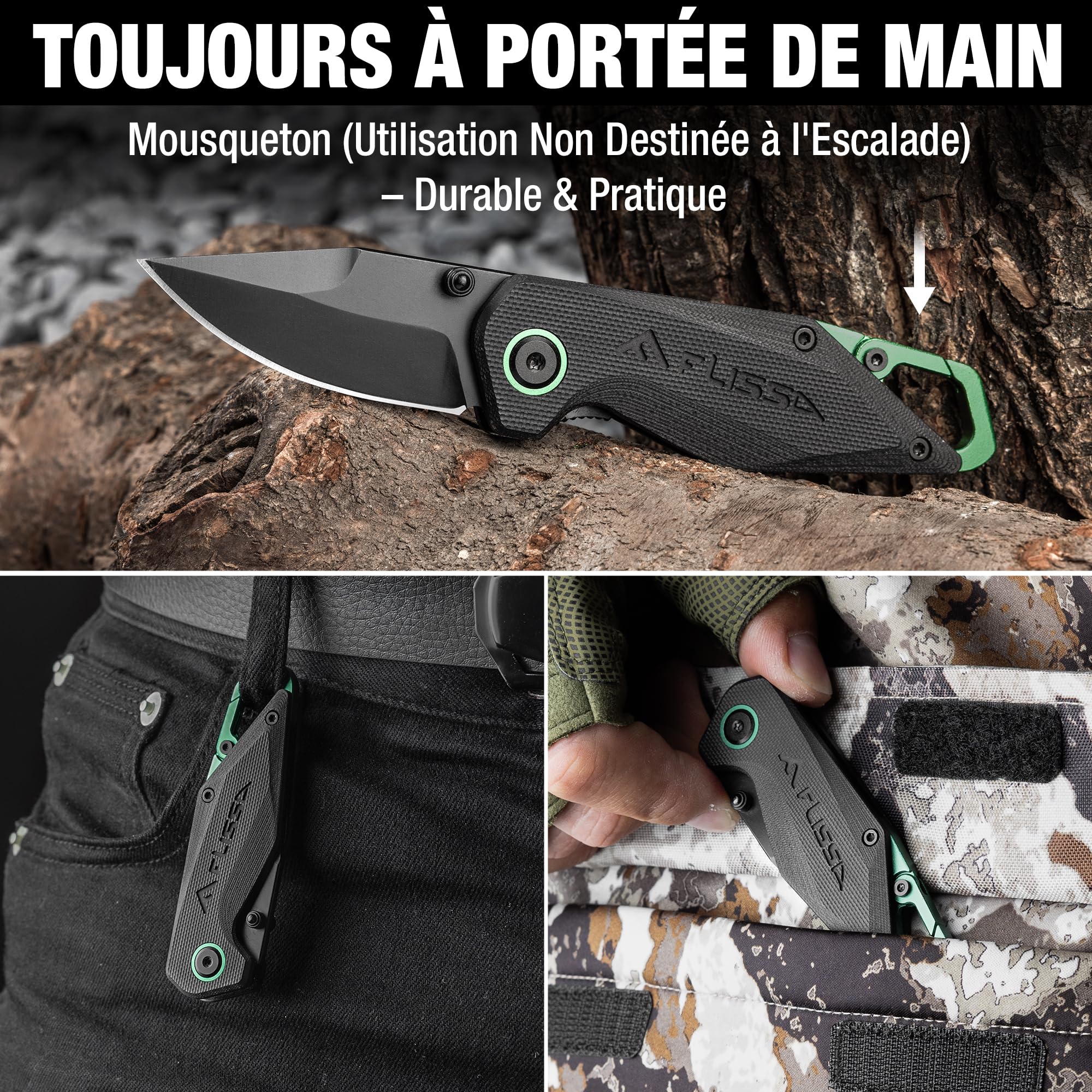 FLISSA Mini Couteau Pliant en Acier 14C28N avec Mousqueton Intégré (Usage hors Escalade), Couteau de Poche EDC (137 mm), Manche G10 Antidérapant, Idéal pour Camping, Randonnée et Quotidien