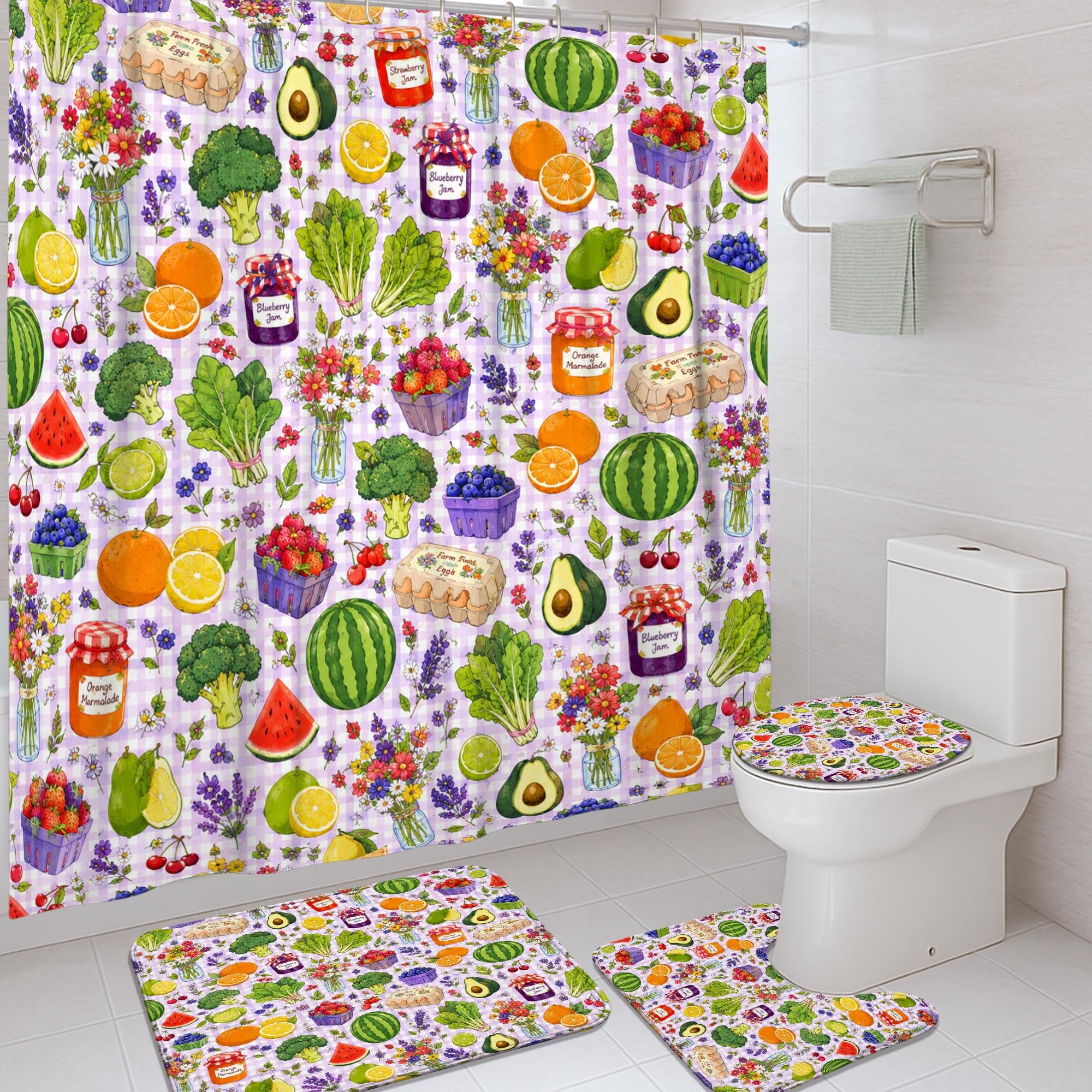 Rideaux de douche pour salle de bain étudiante look fruité vert d'été avec tapis assorti